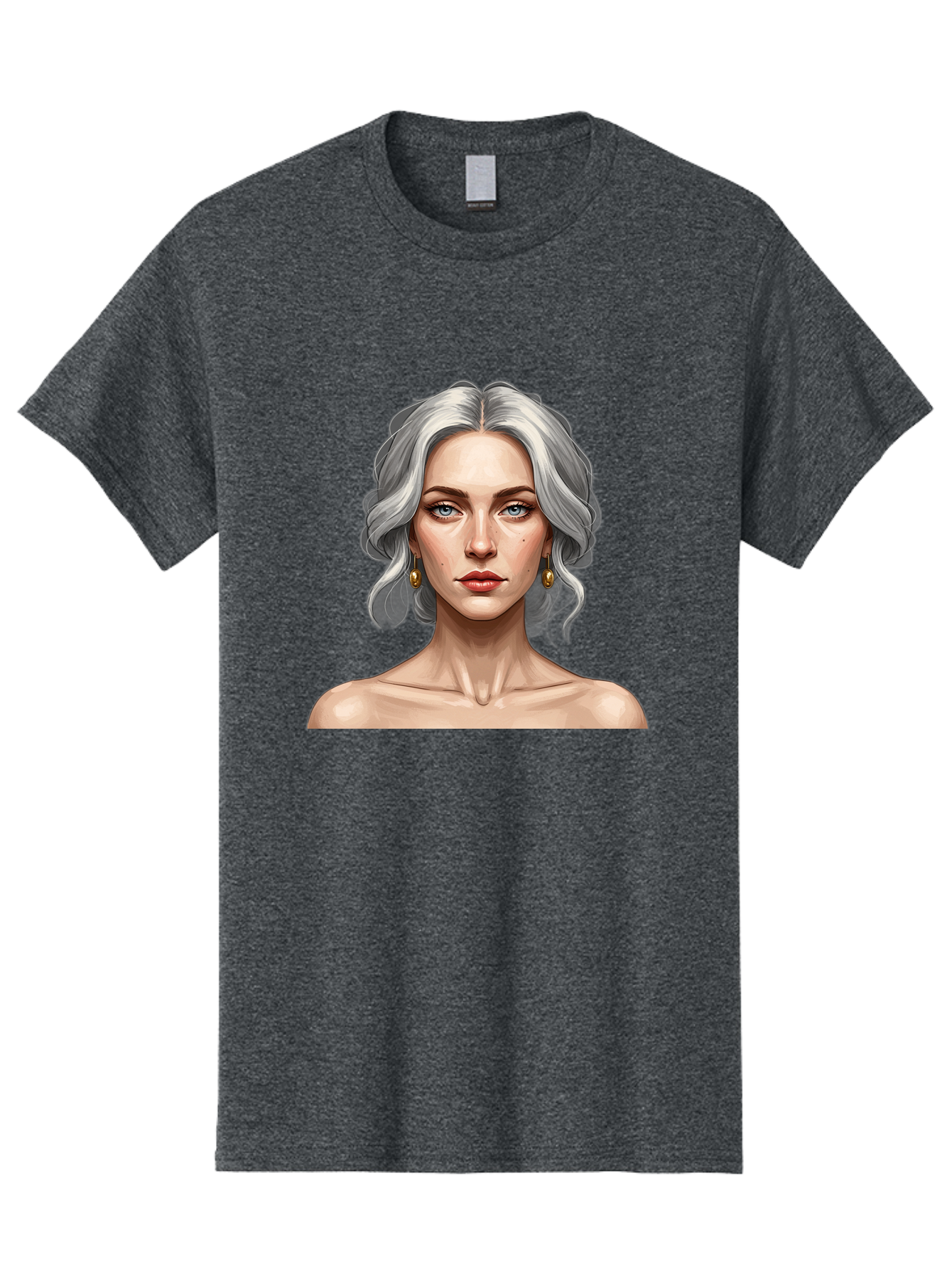 Woman-Portrait Men'S Graphic Tee, 100% Cotton, Comfortable Casual Summer Wear, Machine Washable, Silver Hair, Blue Eyes, Elegant Earrings, Digital Illustration, Portrait, Female Character, Modern Art, Captivating Gaze, Shoulder-Length Hair, Bad930