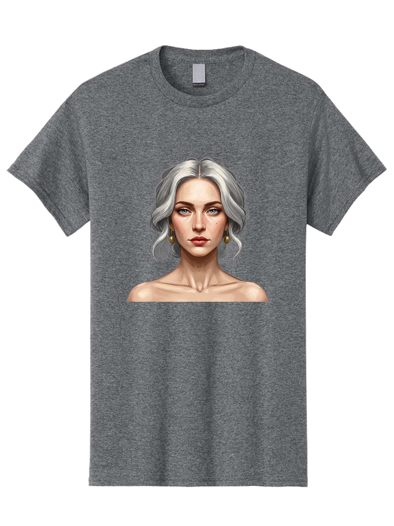 Woman-Portrait Men'S Graphic Tee, 100% Cotton, Comfortable Casual Summer Wear, Machine Washable, Silver Hair, Blue Eyes, Elegant Earrings, Digital Illustration, Portrait, Female Character, Modern Art, Captivating Gaze, Shoulder-Length Hair, Bad930