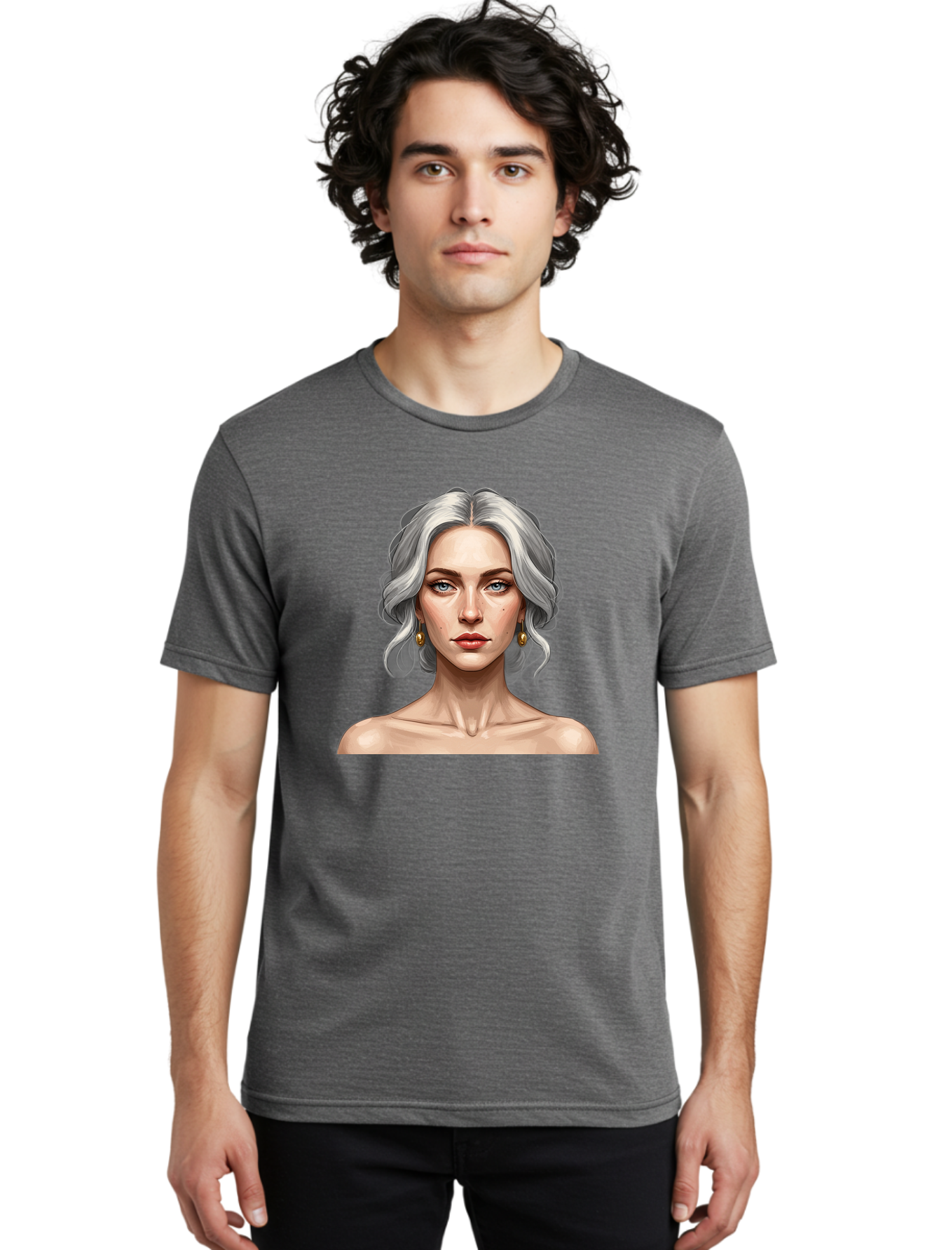 Woman-Portrait Men'S Graphic Tee, 100% Cotton, Comfortable Casual Summer Wear, Machine Washable, Silver Hair, Blue Eyes, Elegant Earrings, Digital Illustration, Portrait, Female Character, Modern Art, Captivating Gaze, Shoulder-Length Hair, Bad930