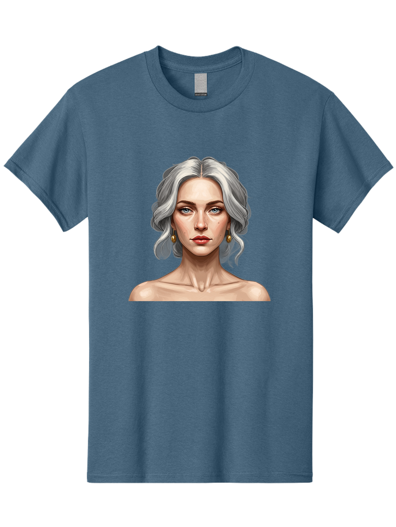 Woman-Portrait Men'S Graphic Tee, 100% Cotton, Comfortable Casual Summer Wear, Machine Washable, Silver Hair, Blue Eyes, Elegant Earrings, Digital Illustration, Portrait, Female Character, Modern Art, Captivating Gaze, Shoulder-Length Hair, Bad930