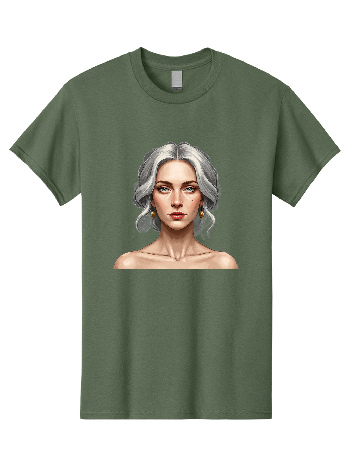 Woman-Portrait Men'S Graphic Tee, 100% Cotton, Comfortable Casual Summer Wear, Machine Washable, Silver Hair, Blue Eyes, Elegant Earrings, Digital Illustration, Portrait, Female Character, Modern Art, Captivating Gaze, Shoulder-Length Hair, Bad930