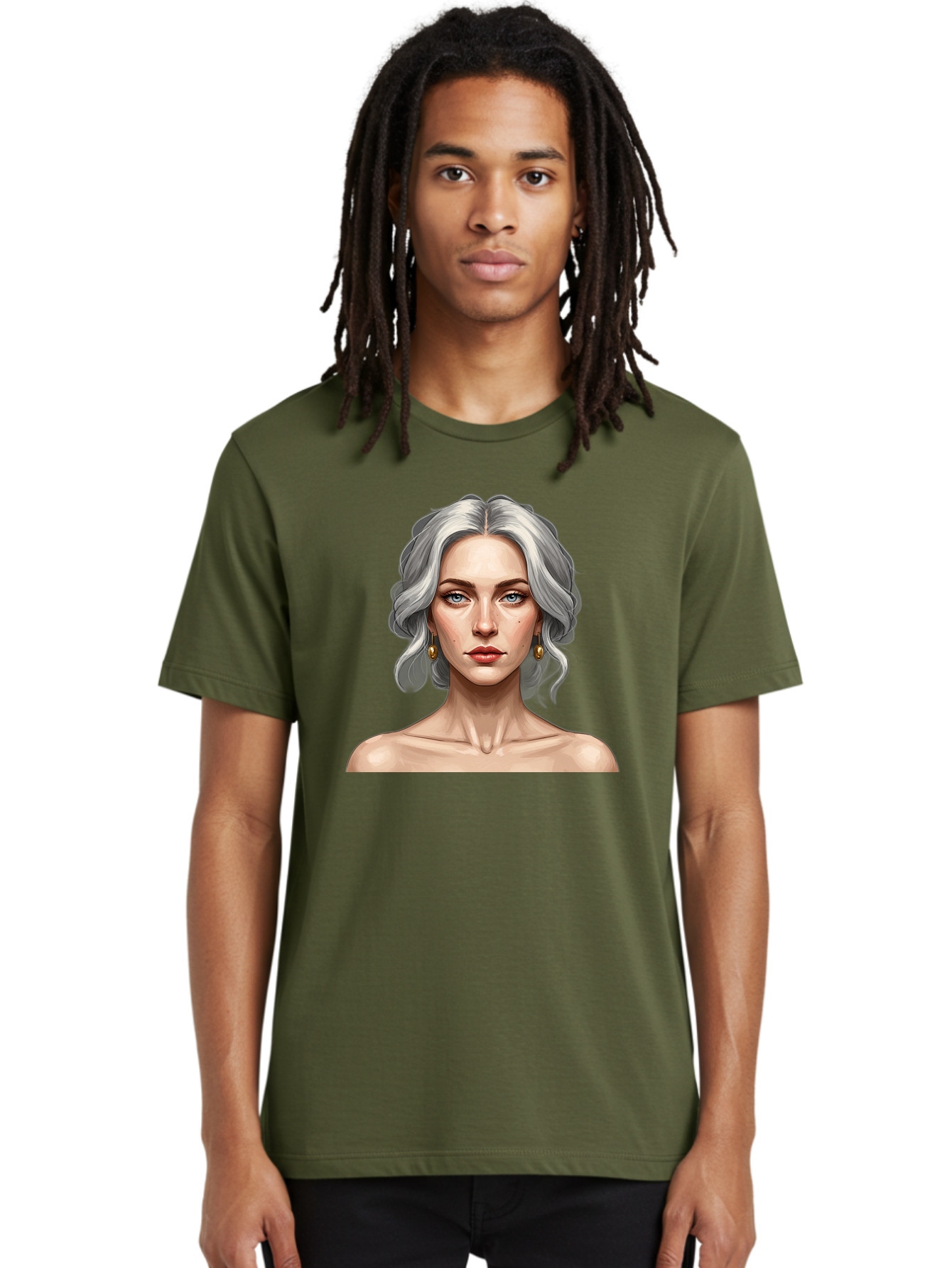 Woman-Portrait Men'S Graphic Tee, 100% Cotton, Comfortable Casual Summer Wear, Machine Washable, Silver Hair, Blue Eyes, Elegant Earrings, Digital Illustration, Portrait, Female Character, Modern Art, Captivating Gaze, Shoulder-Length Hair, Bad930