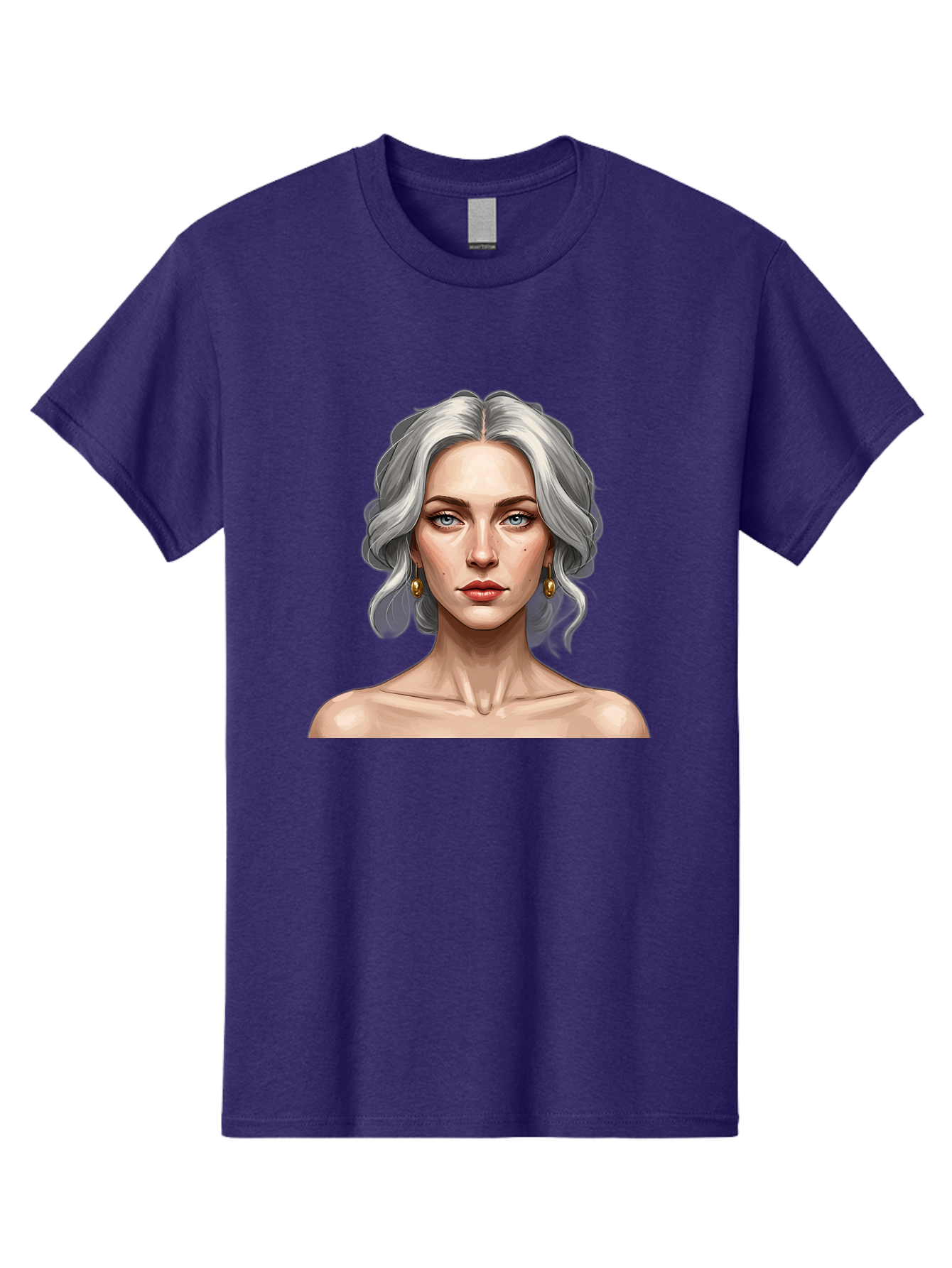 Woman-Portrait Men'S Graphic Tee, 100% Cotton, Comfortable Casual Summer Wear, Machine Washable, Silver Hair, Blue Eyes, Elegant Earrings, Digital Illustration, Portrait, Female Character, Modern Art, Captivating Gaze, Shoulder-Length Hair, Bad930