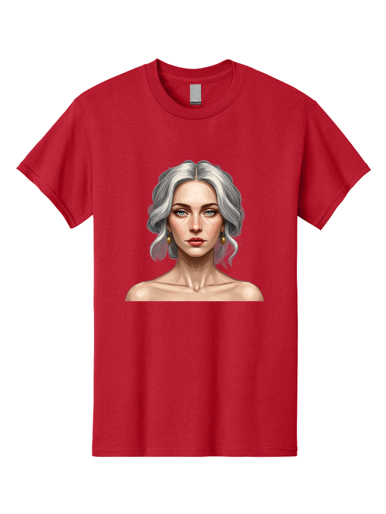 Woman-Portrait Men'S Graphic Tee, 100% Cotton, Comfortable Casual Summer Wear, Machine Washable, Silver Hair, Blue Eyes, Elegant Earrings, Digital Illustration, Portrait, Female Character, Modern Art, Captivating Gaze, Shoulder-Length Hair, Bad930
