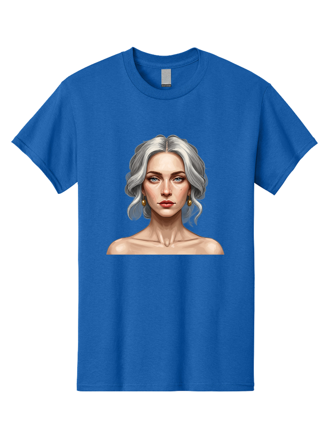 Woman-Portrait Men'S Graphic Tee, 100% Cotton, Comfortable Casual Summer Wear, Machine Washable, Silver Hair, Blue Eyes, Elegant Earrings, Digital Illustration, Portrait, Female Character, Modern Art, Captivating Gaze, Shoulder-Length Hair, Bad930