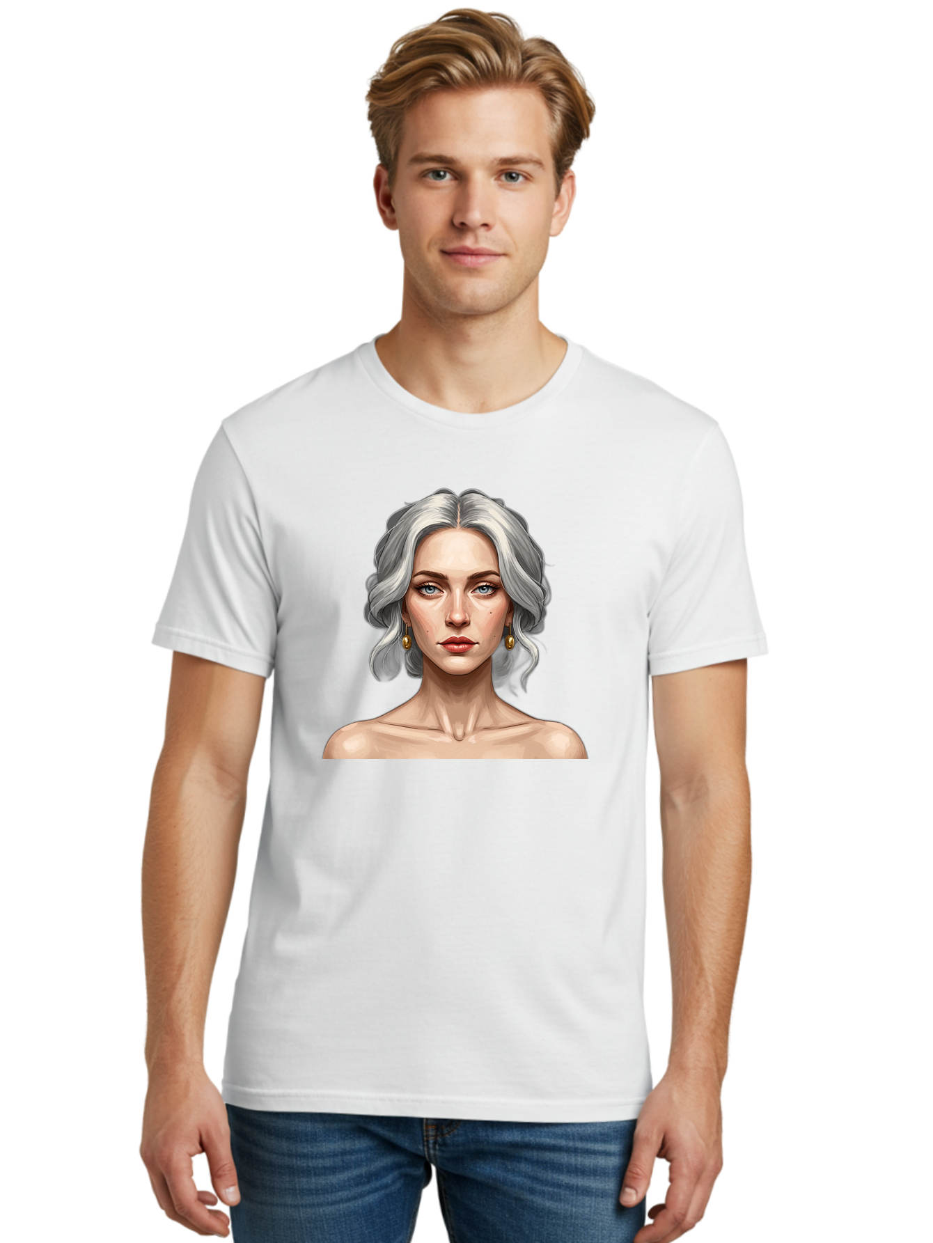 Woman-Portrait Men'S Graphic Tee, 100% Cotton, Comfortable Casual Summer Wear, Machine Washable, Silver Hair, Blue Eyes, Elegant Earrings, Digital Illustration, Portrait, Female Character, Modern Art, Captivating Gaze, Shoulder-Length Hair, Bad930