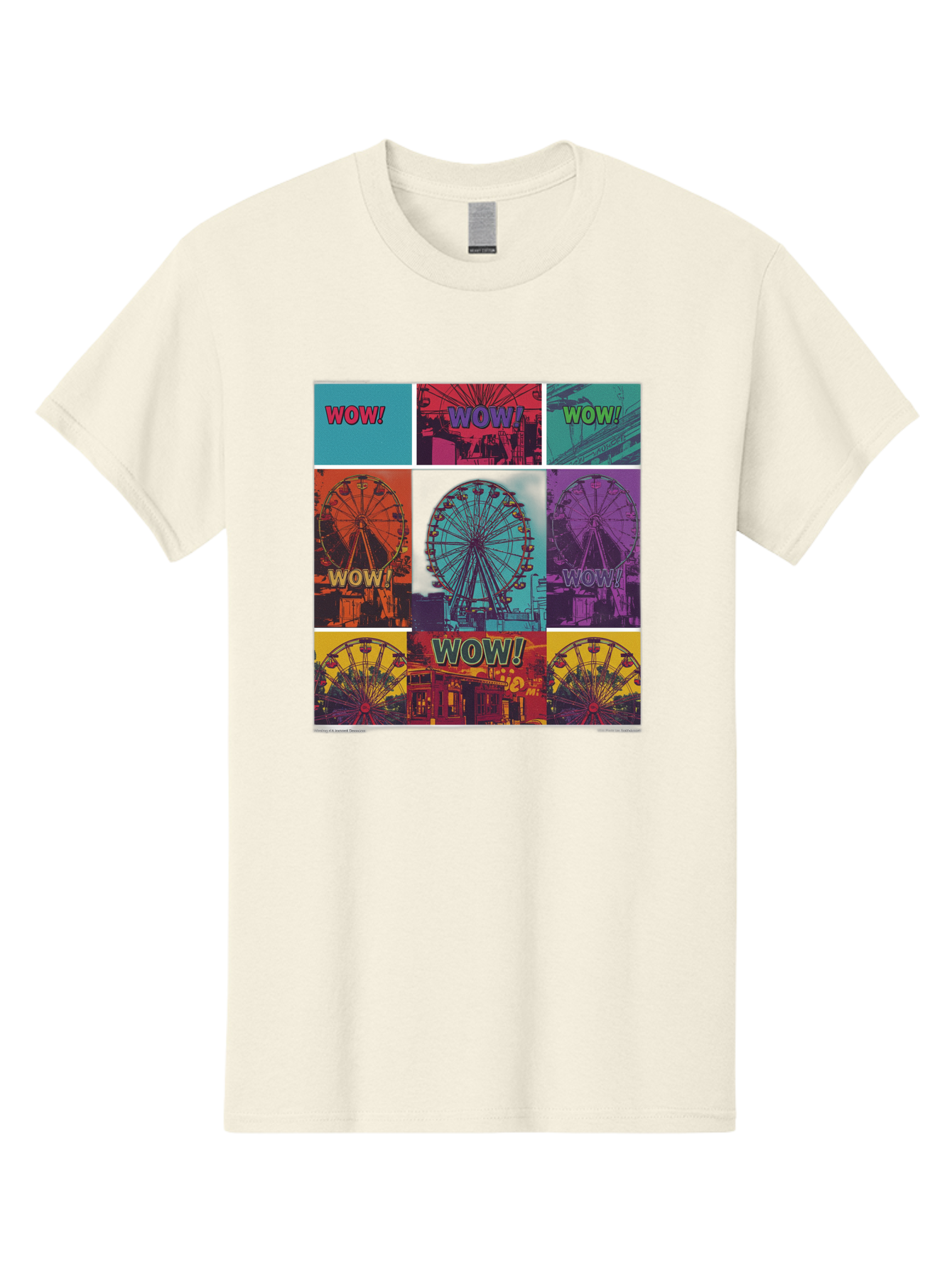 Wow-Ferris-Wheel-Collage Men'S Graphic Tee, 100% Cotton, Comfortable Casual Summer Wear, Machine Washable, Ferris Wheel At Carnival, Amusement Park, Colorful Graphics, Vibrant Colors, Wow Expression, Pop Art Style, Funfair, Thrill Ride, Bad932