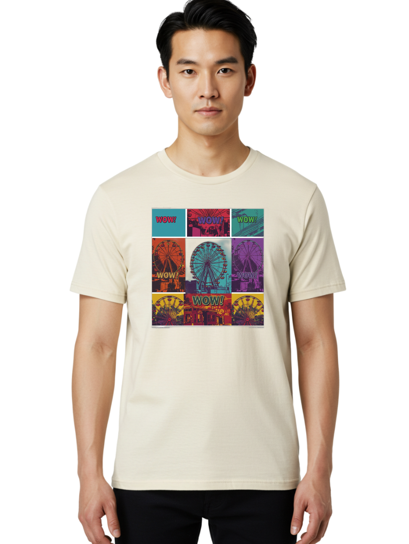 Wow-Ferris-Wheel-Collage Men'S Graphic Tee, 100% Cotton, Comfortable Casual Summer Wear, Machine Washable, Ferris Wheel At Carnival, Amusement Park, Colorful Graphics, Vibrant Colors, Wow Expression, Pop Art Style, Funfair, Thrill Ride, Bad932