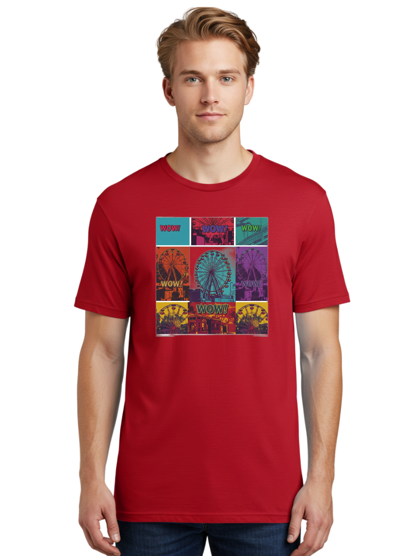 Wow-Ferris-Wheel-Collage Men'S Graphic Tee, 100% Cotton, Comfortable Casual Summer Wear, Machine Washable, Ferris Wheel At Carnival, Amusement Park, Colorful Graphics, Vibrant Colors, Wow Expression, Pop Art Style, Funfair, Thrill Ride, Bad932