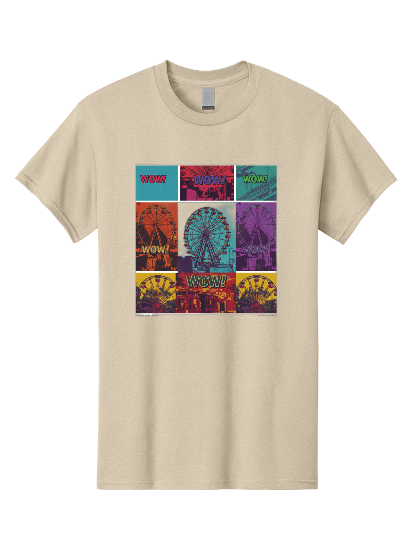 Wow-Ferris-Wheel-Collage Men'S Graphic Tee, 100% Cotton, Comfortable Casual Summer Wear, Machine Washable, Ferris Wheel At Carnival, Amusement Park, Colorful Graphics, Vibrant Colors, Wow Expression, Pop Art Style, Funfair, Thrill Ride, Bad932