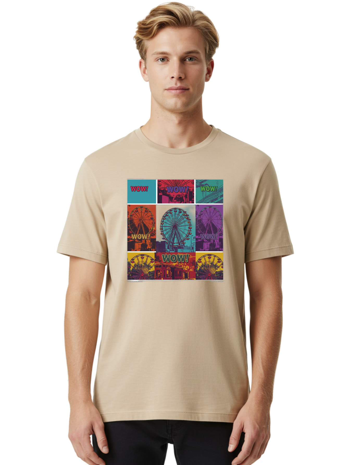 Wow-Ferris-Wheel-Collage Men'S Graphic Tee, 100% Cotton, Comfortable Casual Summer Wear, Machine Washable, Ferris Wheel At Carnival, Amusement Park, Colorful Graphics, Vibrant Colors, Wow Expression, Pop Art Style, Funfair, Thrill Ride, Bad932