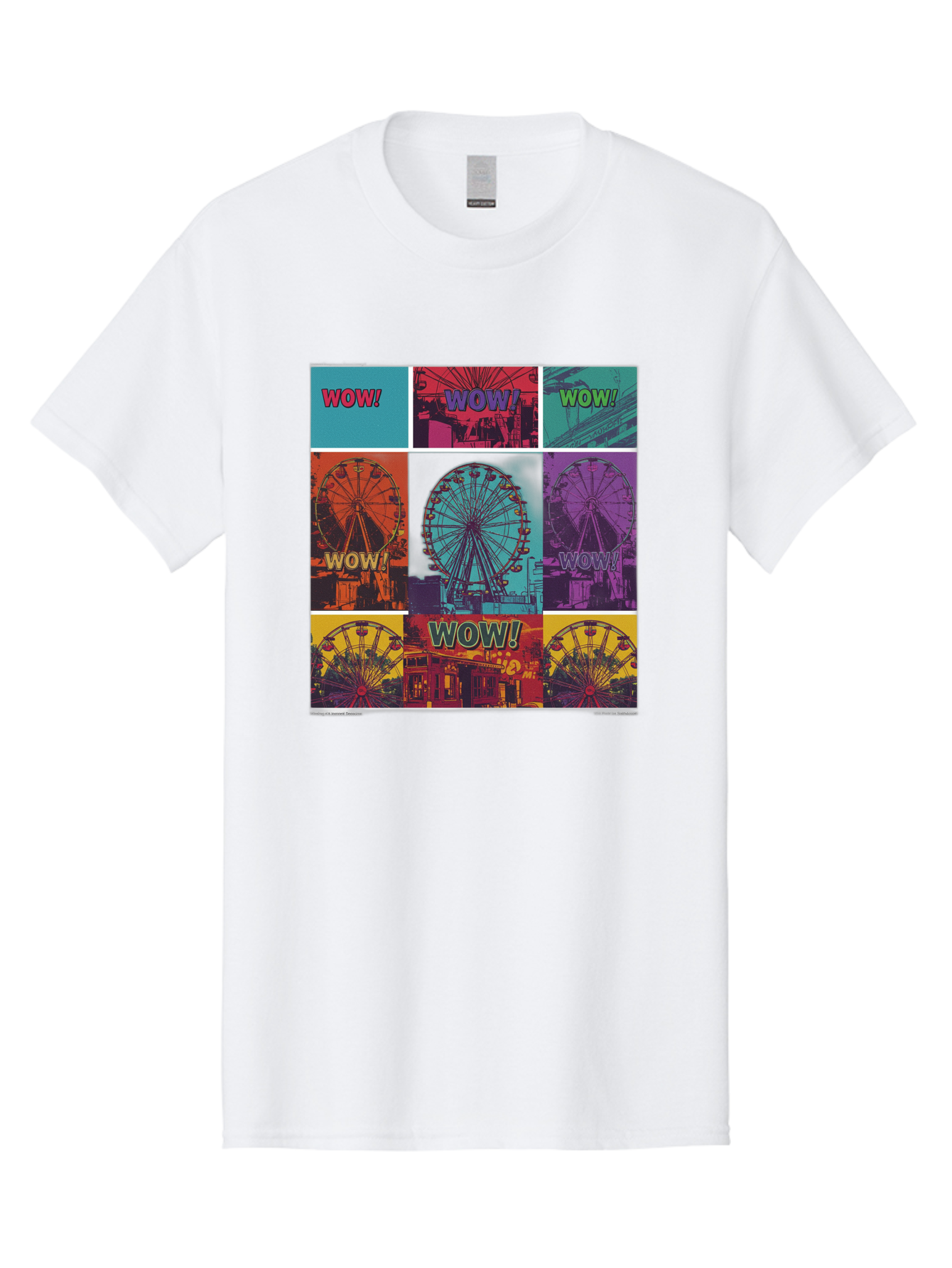Wow-Ferris-Wheel-Collage Men'S Graphic Tee, 100% Cotton, Comfortable Casual Summer Wear, Machine Washable, Ferris Wheel At Carnival, Amusement Park, Colorful Graphics, Vibrant Colors, Wow Expression, Pop Art Style, Funfair, Thrill Ride, Bad932