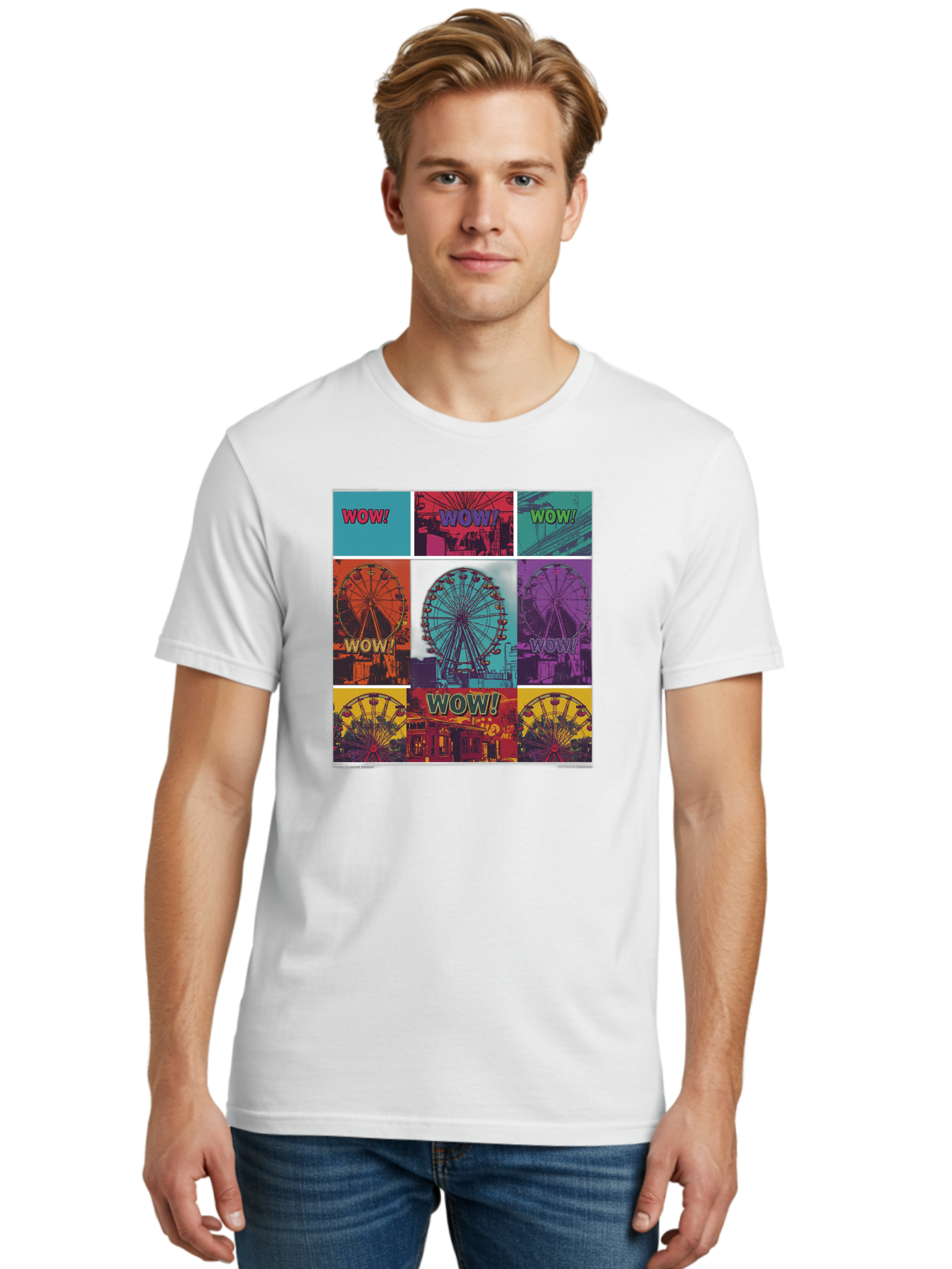 Wow-Ferris-Wheel-Collage Men'S Graphic Tee, 100% Cotton, Comfortable Casual Summer Wear, Machine Washable, Ferris Wheel At Carnival, Amusement Park, Colorful Graphics, Vibrant Colors, Wow Expression, Pop Art Style, Funfair, Thrill Ride, Bad932