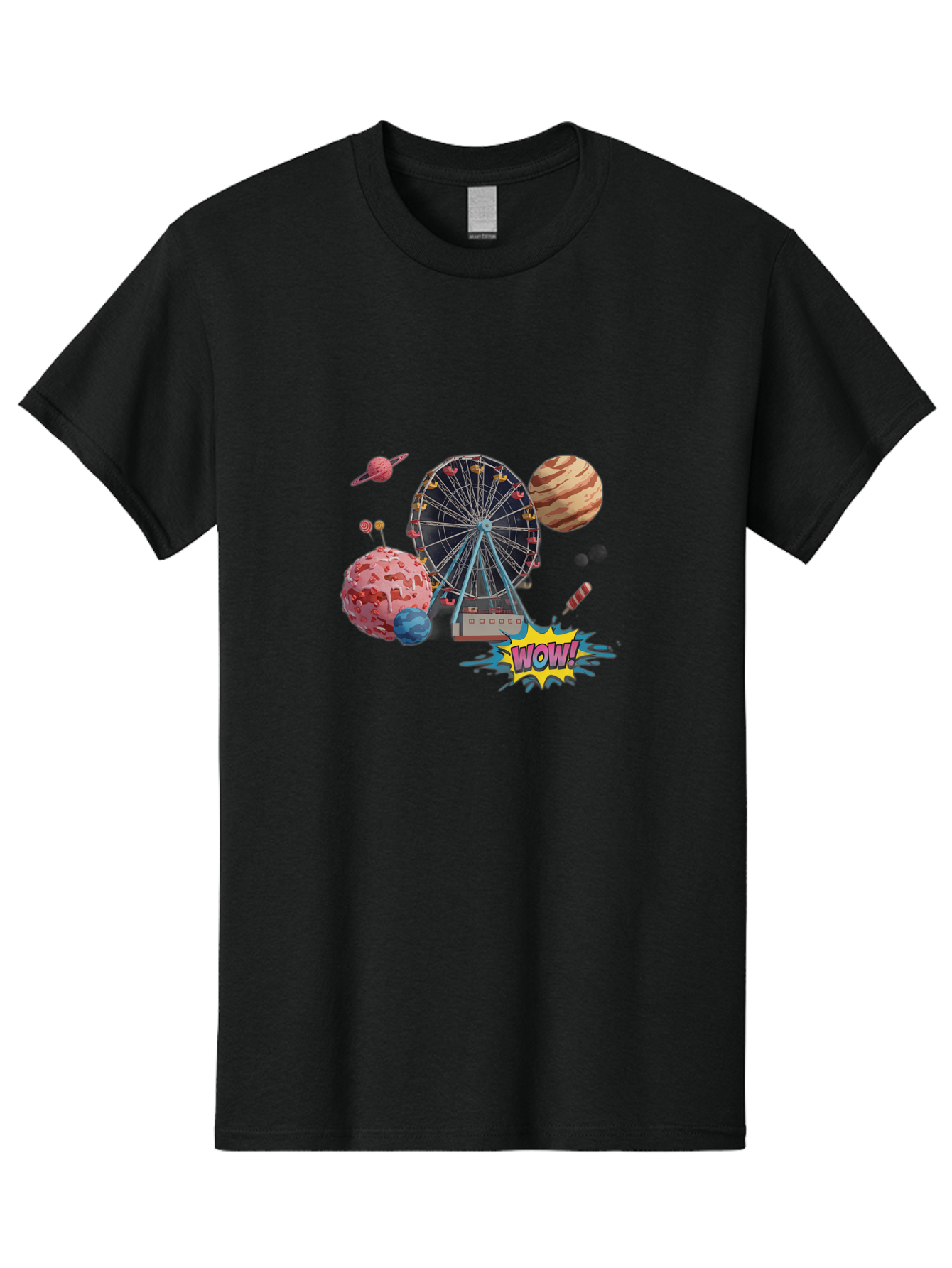 Wow Men'S Graphic Tee, 100% Cotton, Comfortable Casual Summer Wear, Machine Washable, Carnival Ferris Wheel, Planets, Explosion, Comic Speech Bubble, Wow Text, Colorful Illustration, Amusement Park, Whimsical Art, Fantasy Scene, Bad933