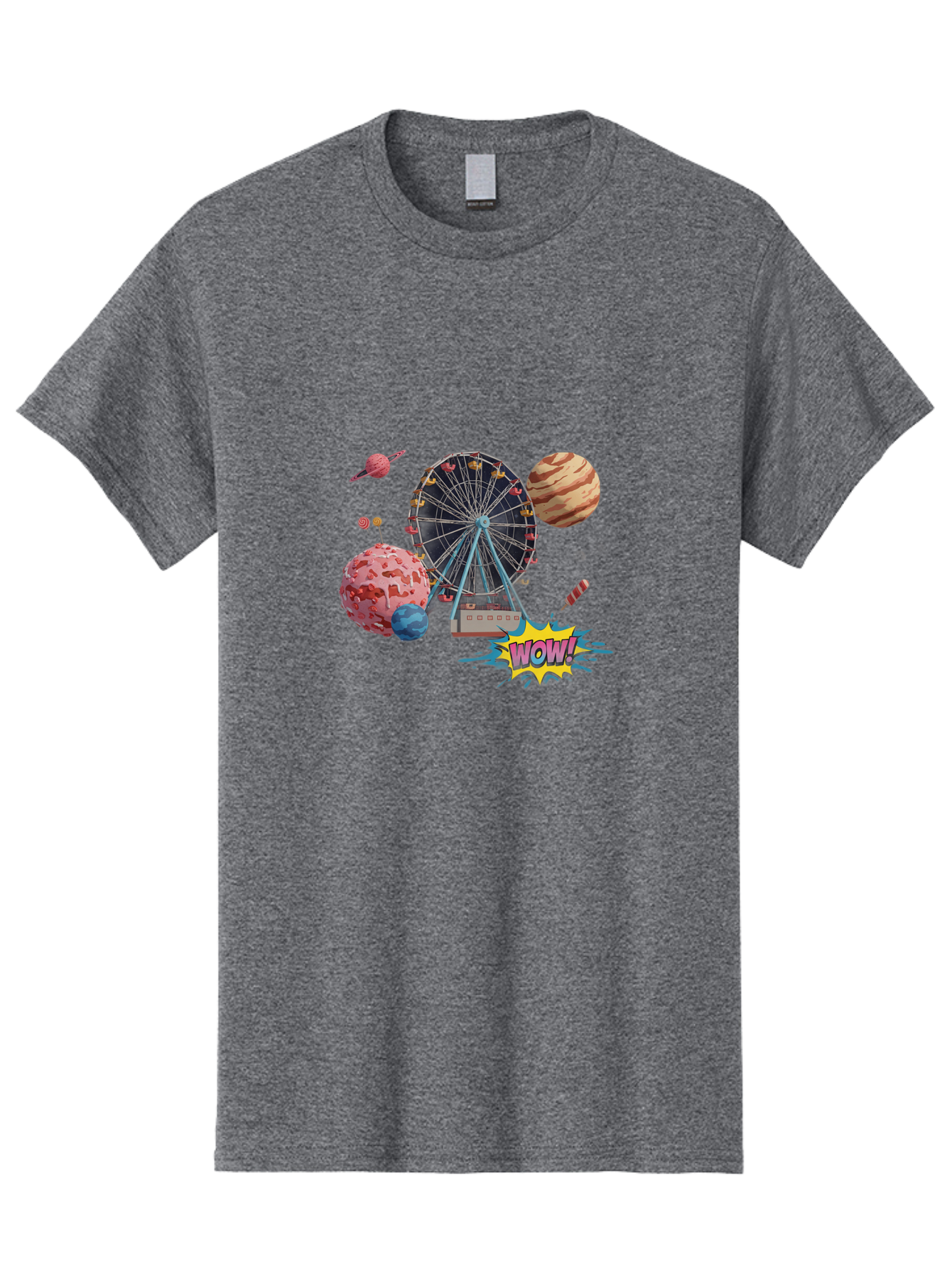 Wow Men'S Graphic Tee, 100% Cotton, Comfortable Casual Summer Wear, Machine Washable, Carnival Ferris Wheel, Planets, Explosion, Comic Speech Bubble, Wow Text, Colorful Illustration, Amusement Park, Whimsical Art, Fantasy Scene, Bad933