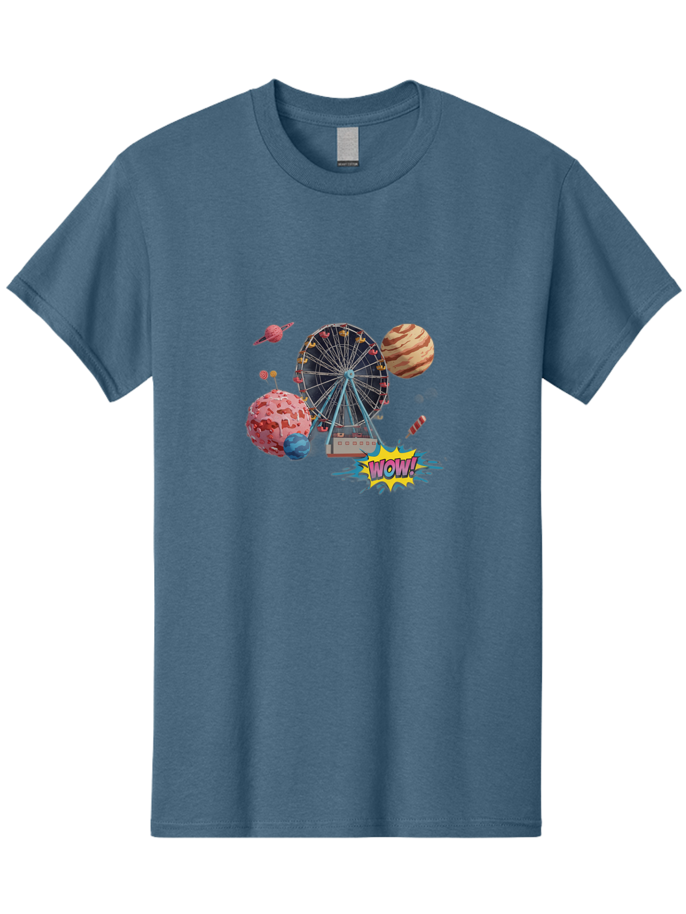 Wow Men'S Graphic Tee, 100% Cotton, Comfortable Casual Summer Wear, Machine Washable, Carnival Ferris Wheel, Planets, Explosion, Comic Speech Bubble, Wow Text, Colorful Illustration, Amusement Park, Whimsical Art, Fantasy Scene, Bad933