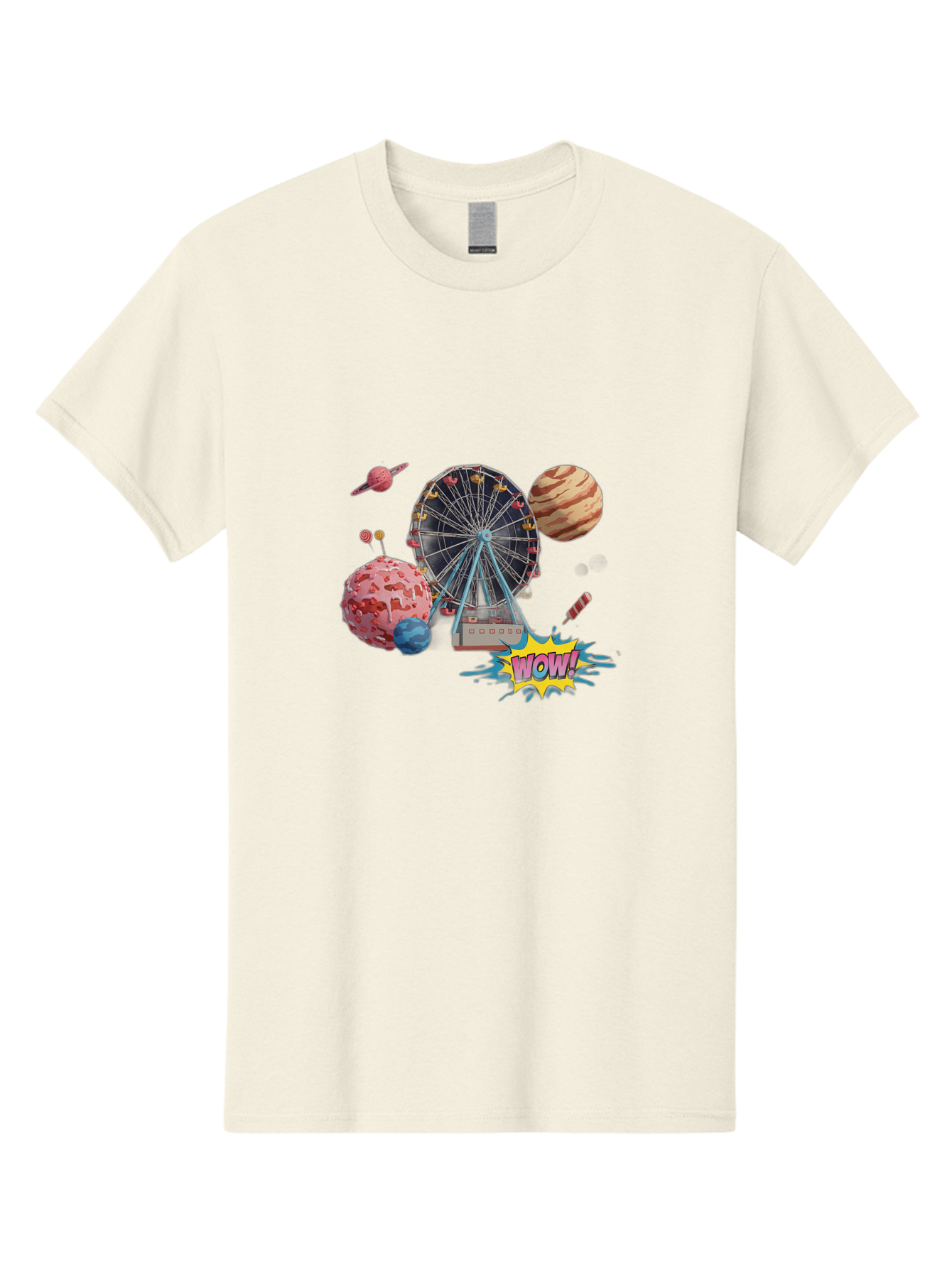 Wow Men'S Graphic Tee, 100% Cotton, Comfortable Casual Summer Wear, Machine Washable, Carnival Ferris Wheel, Planets, Explosion, Comic Speech Bubble, Wow Text, Colorful Illustration, Amusement Park, Whimsical Art, Fantasy Scene, Bad933
