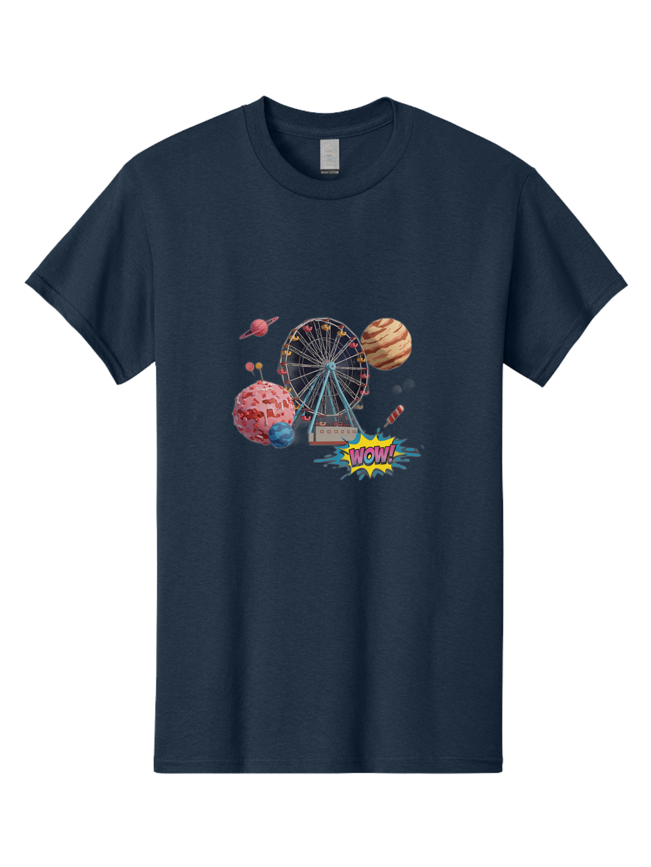Wow Men'S Graphic Tee, 100% Cotton, Comfortable Casual Summer Wear, Machine Washable, Carnival Ferris Wheel, Planets, Explosion, Comic Speech Bubble, Wow Text, Colorful Illustration, Amusement Park, Whimsical Art, Fantasy Scene, Bad933