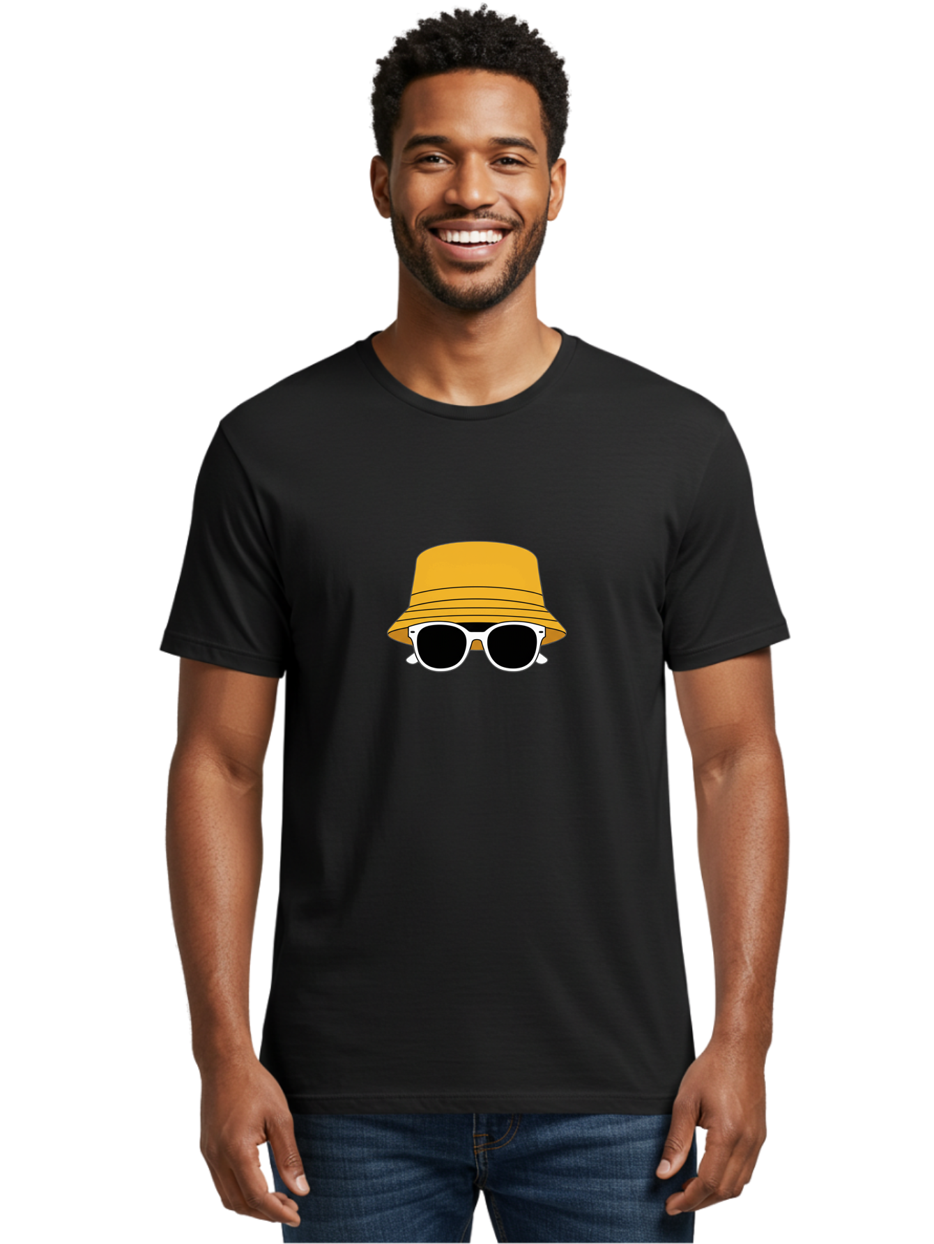 Yellow-Bucket-Hat-And-Sunglasses Men'S Graphic Tee, 100% Cotton, Comfortable Casual Summer Wear, Machine Washable, Cartoon Style, White Sunglasses, Yellow Bucket Hat, Minimalist Design, Fashion Accessory, Trendy Look, Cool Shades, Summer Vibe Bad938