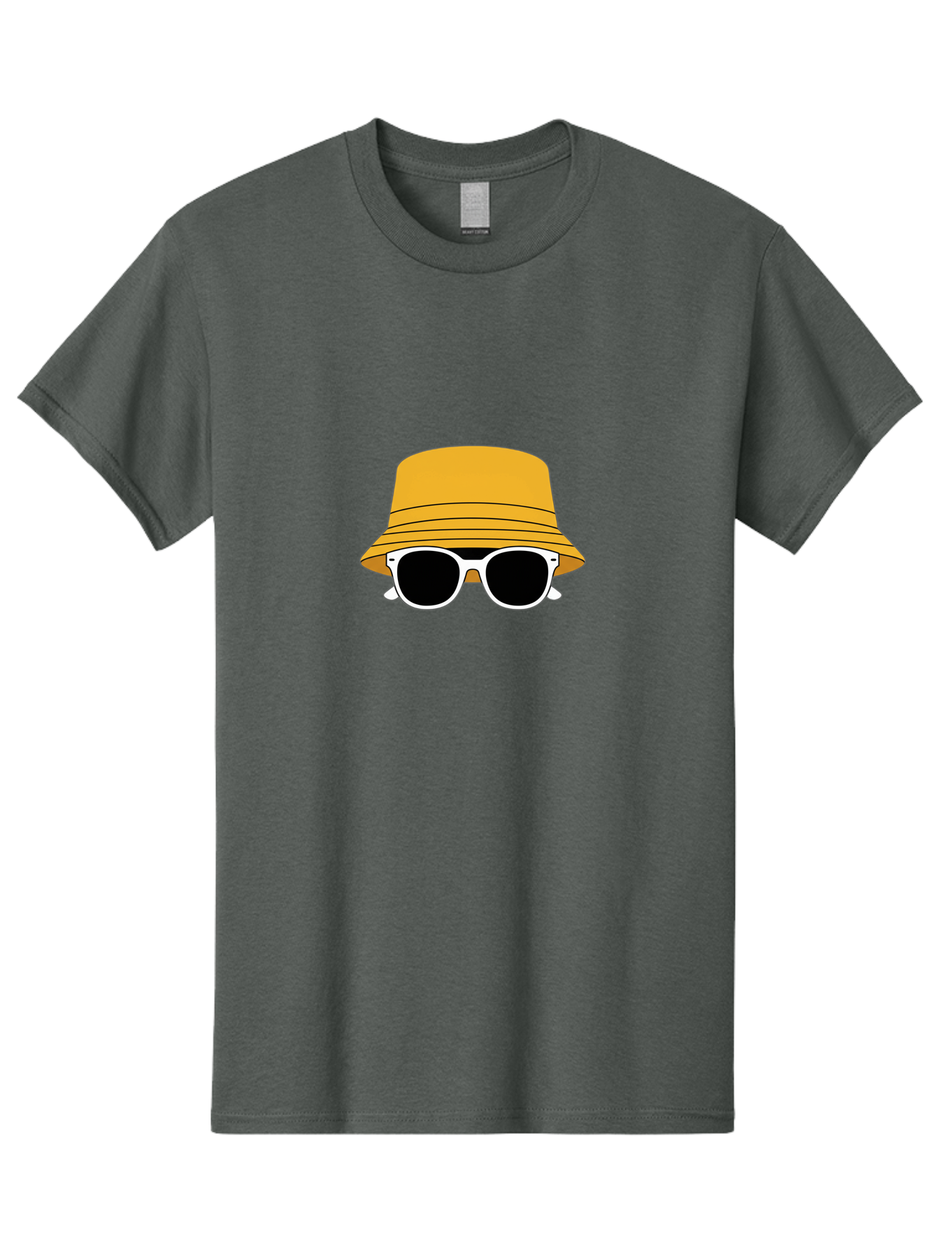 Yellow-Bucket-Hat-And-Sunglasses Men'S Graphic Tee, 100% Cotton, Comfortable Casual Summer Wear, Machine Washable, Cartoon Style, White Sunglasses, Yellow Bucket Hat, Minimalist Design, Fashion Accessory, Trendy Look, Cool Shades, Summer Vibe Bad938