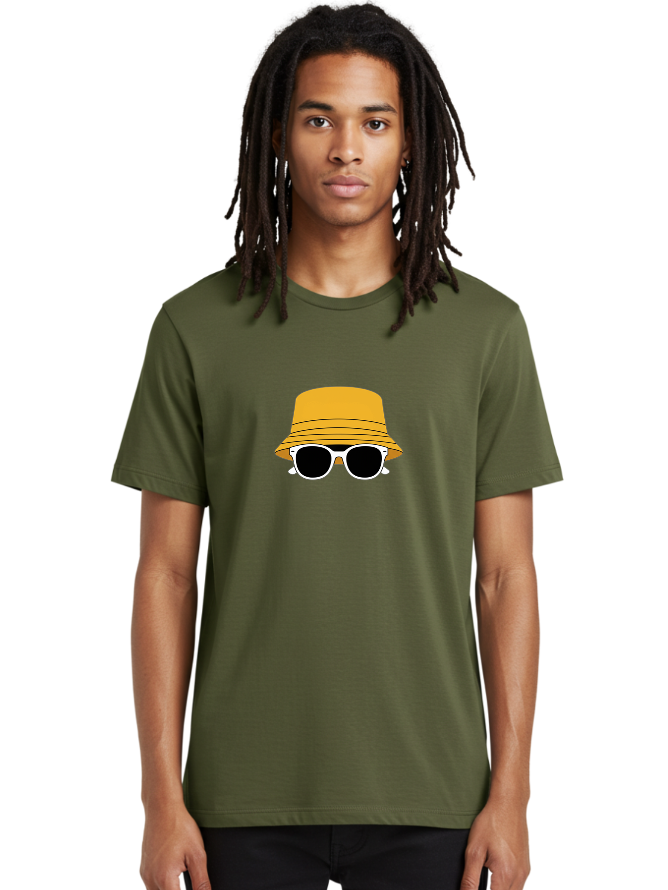 Yellow-Bucket-Hat-And-Sunglasses Men'S Graphic Tee, 100% Cotton, Comfortable Casual Summer Wear, Machine Washable, Cartoon Style, White Sunglasses, Yellow Bucket Hat, Minimalist Design, Fashion Accessory, Trendy Look, Cool Shades, Summer Vibe Bad938