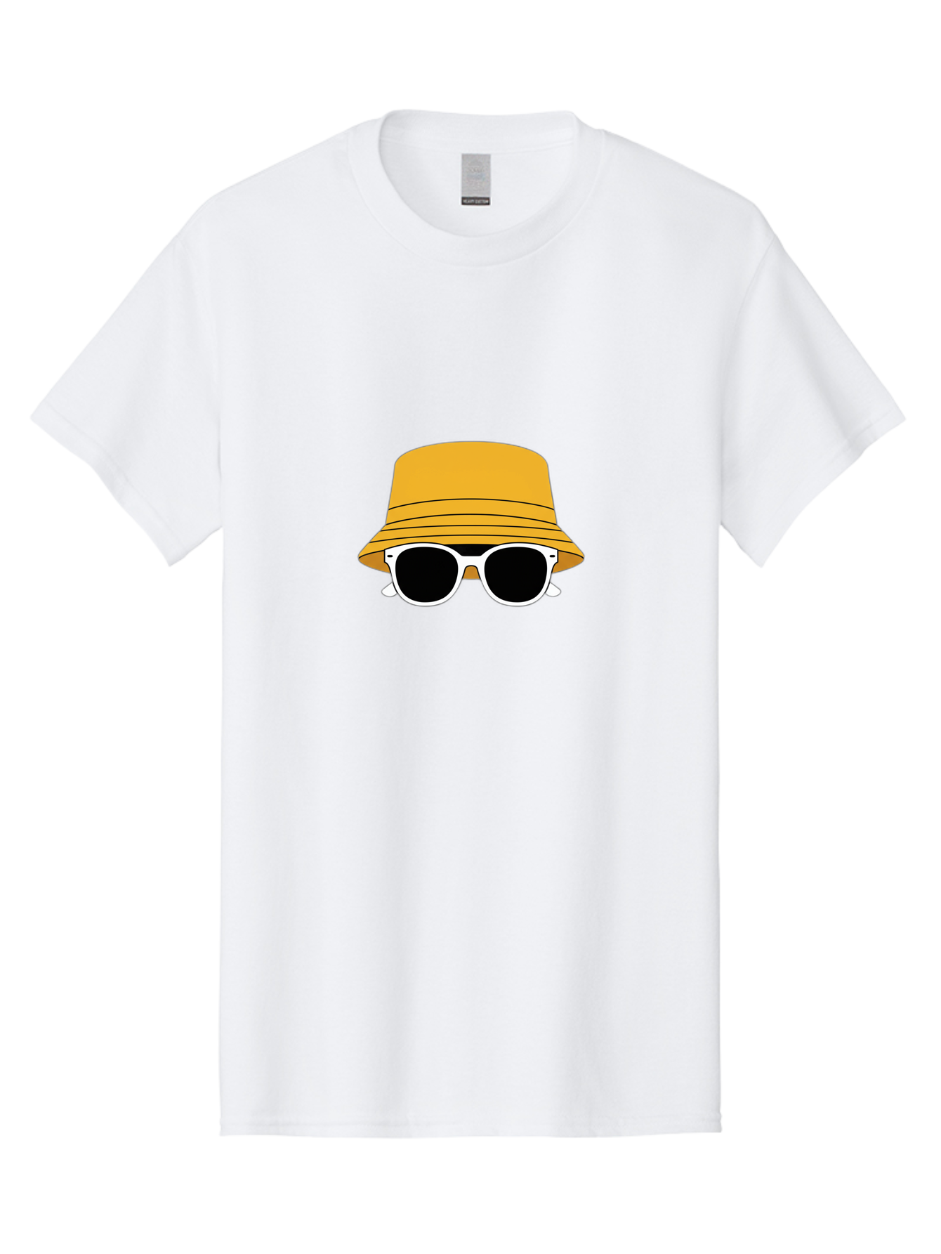 Yellow-Bucket-Hat-And-Sunglasses Men'S Graphic Tee, 100% Cotton, Comfortable Casual Summer Wear, Machine Washable, Cartoon Style, White Sunglasses, Yellow Bucket Hat, Minimalist Design, Fashion Accessory, Trendy Look, Cool Shades, Summer Vibe Bad938