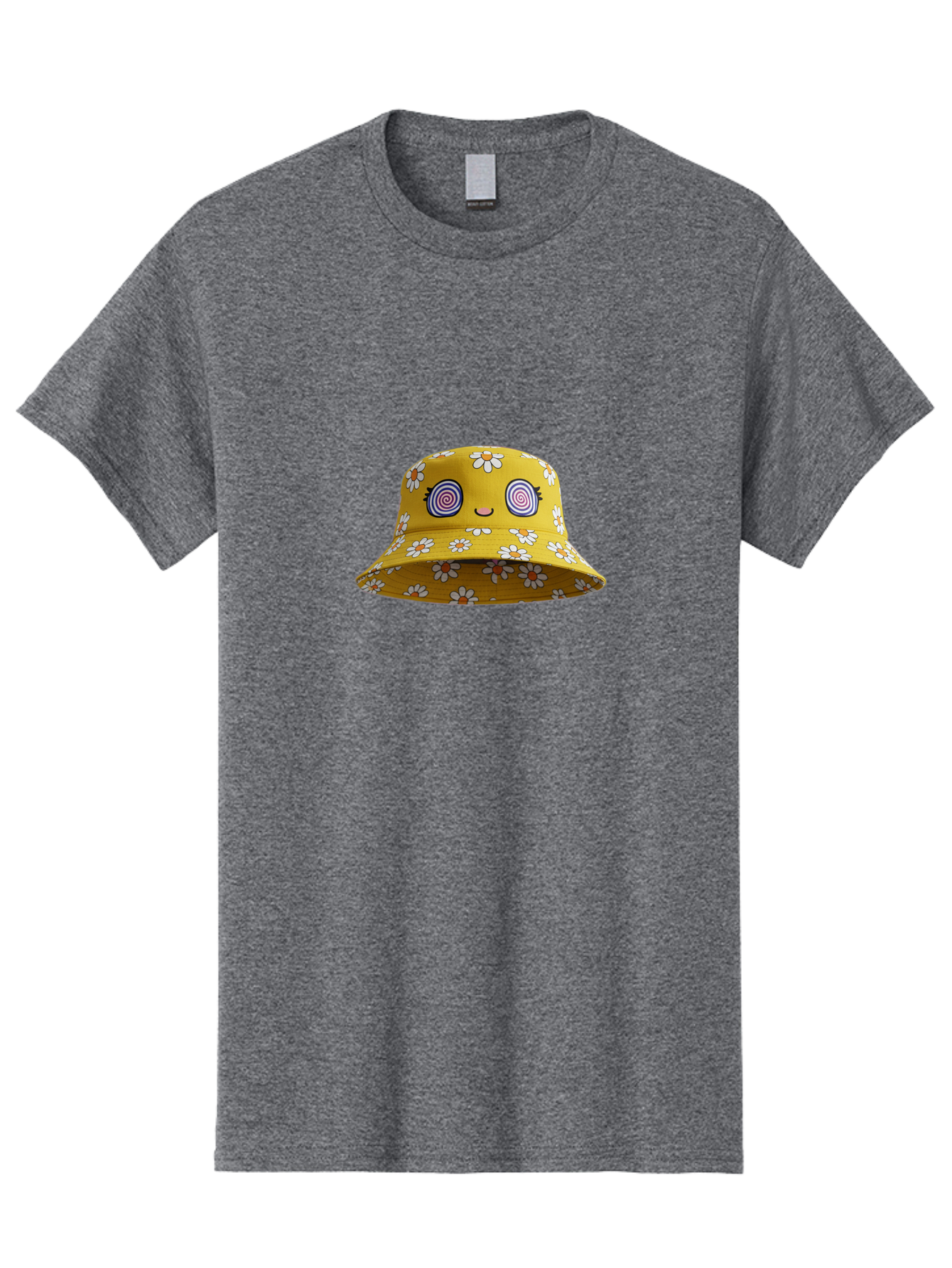 Yellow-Floral-Bucket-Hat Men'S Graphic Tee, 100% Cotton, Comfortable Casual Summer Wear, Machine Washable, Yellow Bucket Hat, Floral Pattern, Cartoon Face, Spiral Eyes, Smiling Mouth, Feminine Lashes, Fashion Accessory, Summer Hat, Beachwear, Bad939