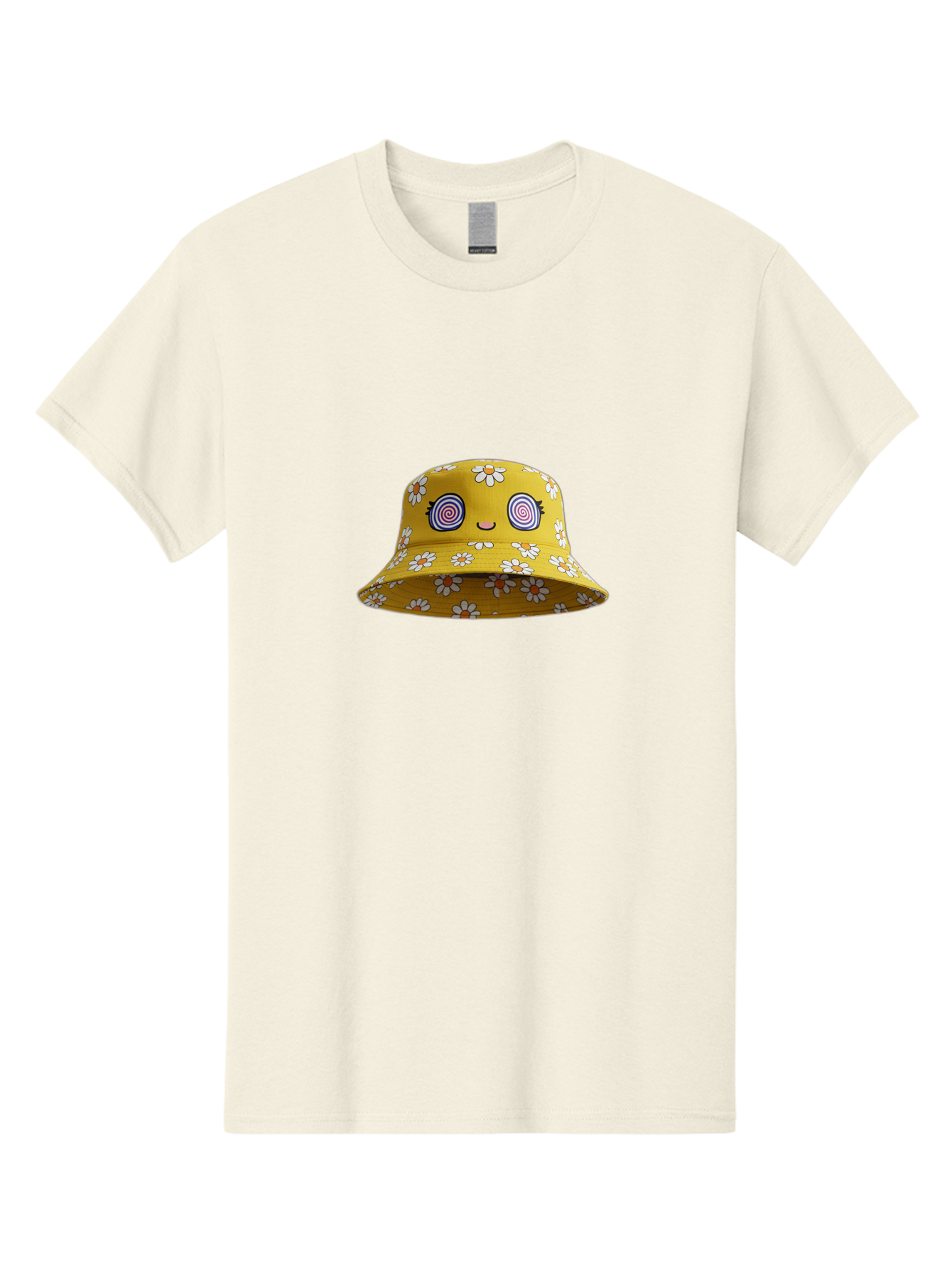 Yellow-Floral-Bucket-Hat Men'S Graphic Tee, 100% Cotton, Comfortable Casual Summer Wear, Machine Washable, Yellow Bucket Hat, Floral Pattern, Cartoon Face, Spiral Eyes, Smiling Mouth, Feminine Lashes, Fashion Accessory, Summer Hat, Beachwear, Bad939