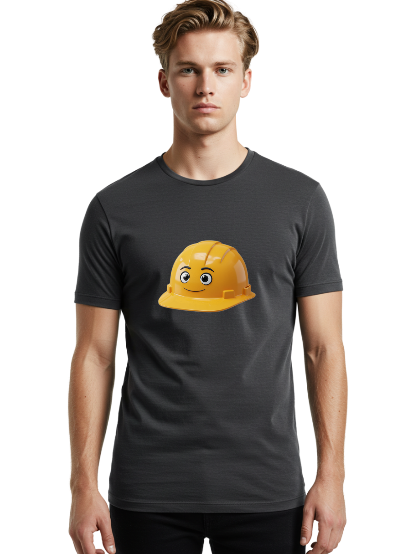 Yellow-Hard-Hat-1 Men'S Graphic Tee, 100% Cotton, Comfortable Casual Summer Wear, Machine Washable, Construction Hard Hat, Safety Helmet, Cartoon Character, Smiling Face, Yellow Plastic, Construction Worker, Protective Gear, Industrial Safety Bad940