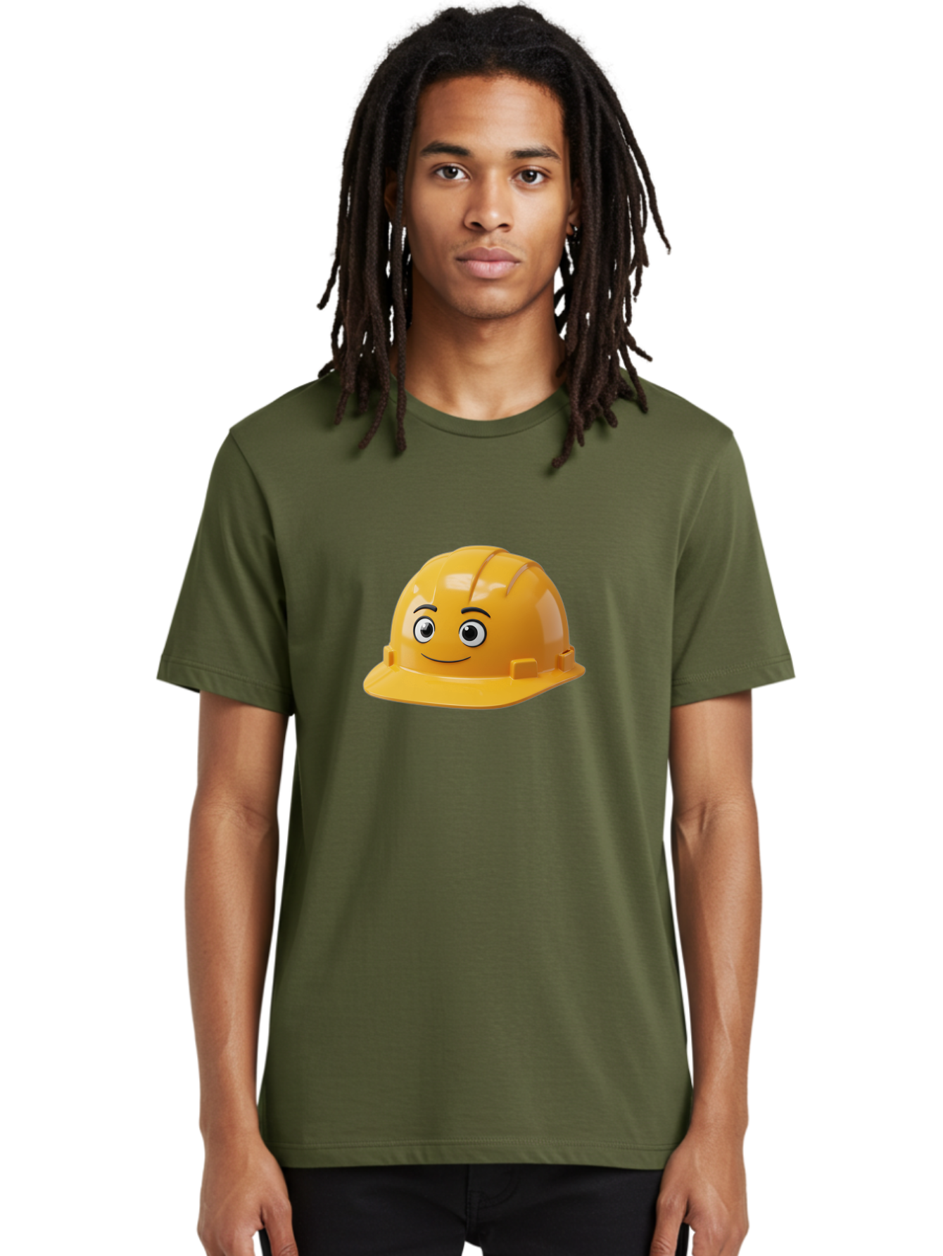 Yellow-Hard-Hat-1 Men'S Graphic Tee, 100% Cotton, Comfortable Casual Summer Wear, Machine Washable, Construction Hard Hat, Safety Helmet, Cartoon Character, Smiling Face, Yellow Plastic, Construction Worker, Protective Gear, Industrial Safety Bad940