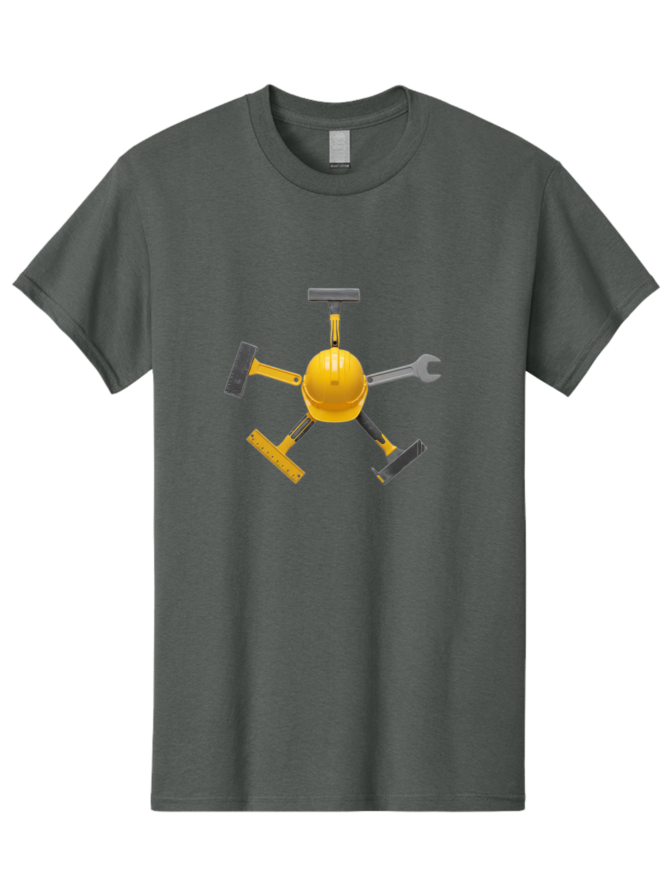 Yellow-Hard-Hat-2 Men'S Graphic Tee, 100% Cotton, Comfortable Casual Summer Wear, Machine Washable, Yellow Hard Hat, Construction Tools Arrangement, Creative Display, Construction Equipment, Squeegee, Putty Knife, Level, Adjustable Wrench, Bad941