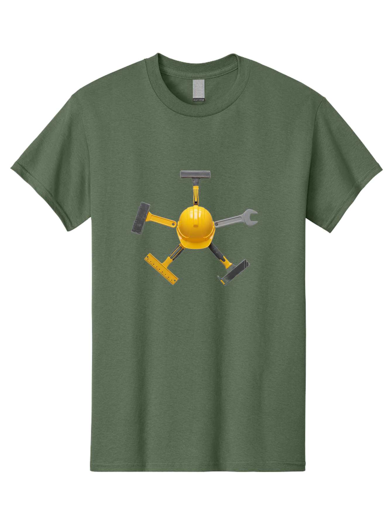 Yellow-Hard-Hat-2 Men'S Graphic Tee, 100% Cotton, Comfortable Casual Summer Wear, Machine Washable, Yellow Hard Hat, Construction Tools Arrangement, Creative Display, Construction Equipment, Squeegee, Putty Knife, Level, Adjustable Wrench, Bad941