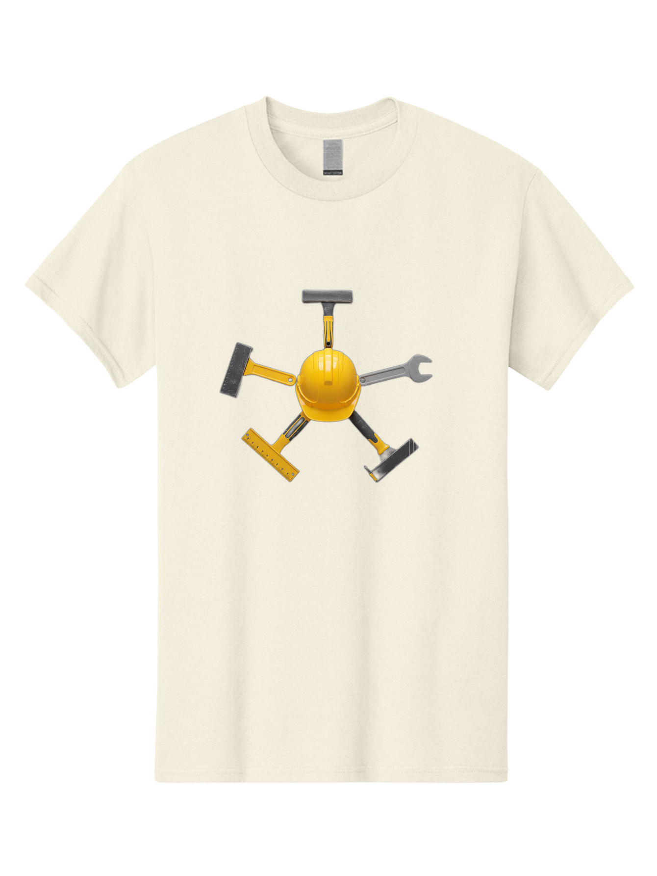 Yellow-Hard-Hat-2 Men'S Graphic Tee, 100% Cotton, Comfortable Casual Summer Wear, Machine Washable, Yellow Hard Hat, Construction Tools Arrangement, Creative Display, Construction Equipment, Squeegee, Putty Knife, Level, Adjustable Wrench, Bad941