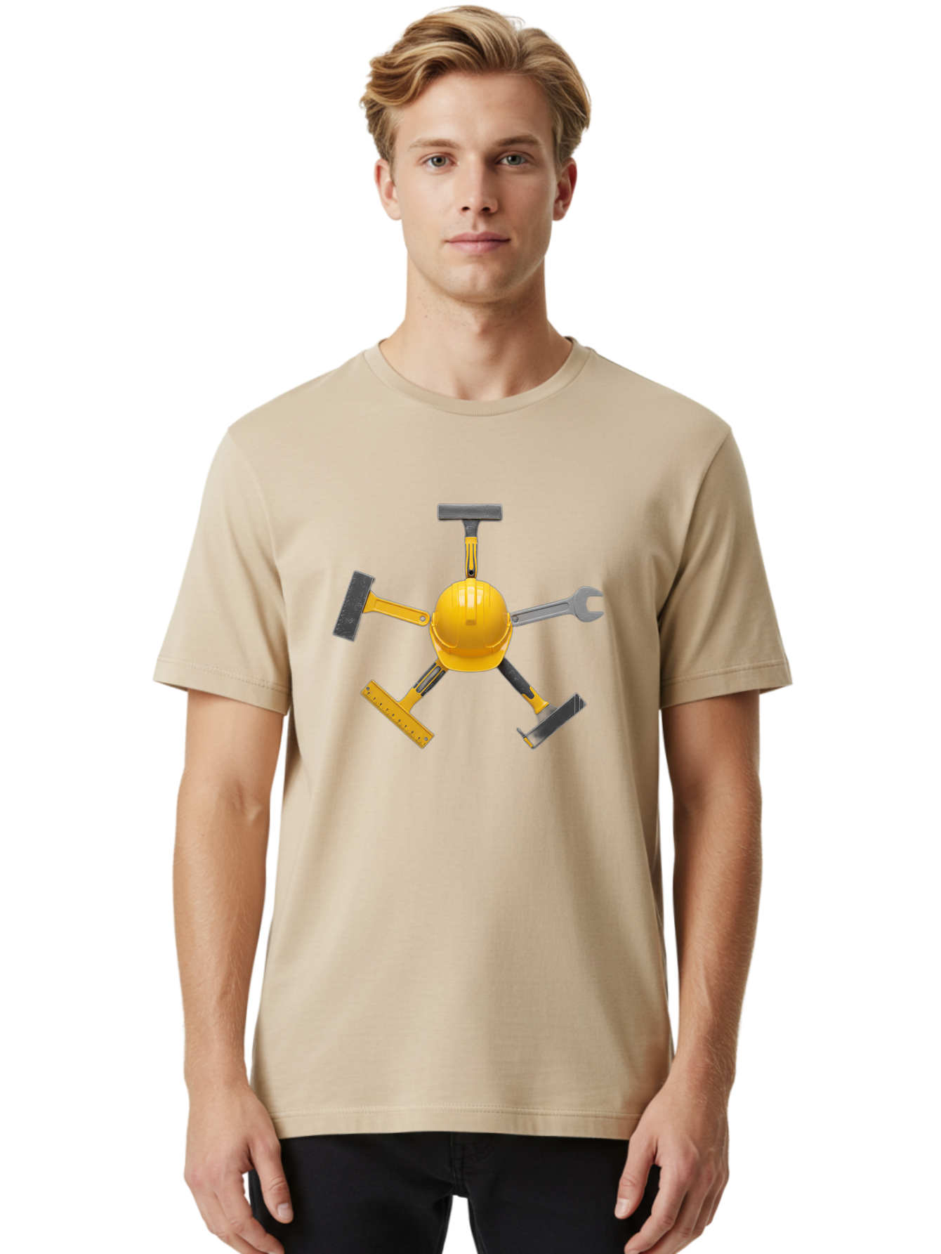 Yellow-Hard-Hat-2 Men'S Graphic Tee, 100% Cotton, Comfortable Casual Summer Wear, Machine Washable, Yellow Hard Hat, Construction Tools Arrangement, Creative Display, Construction Equipment, Squeegee, Putty Knife, Level, Adjustable Wrench, Bad941