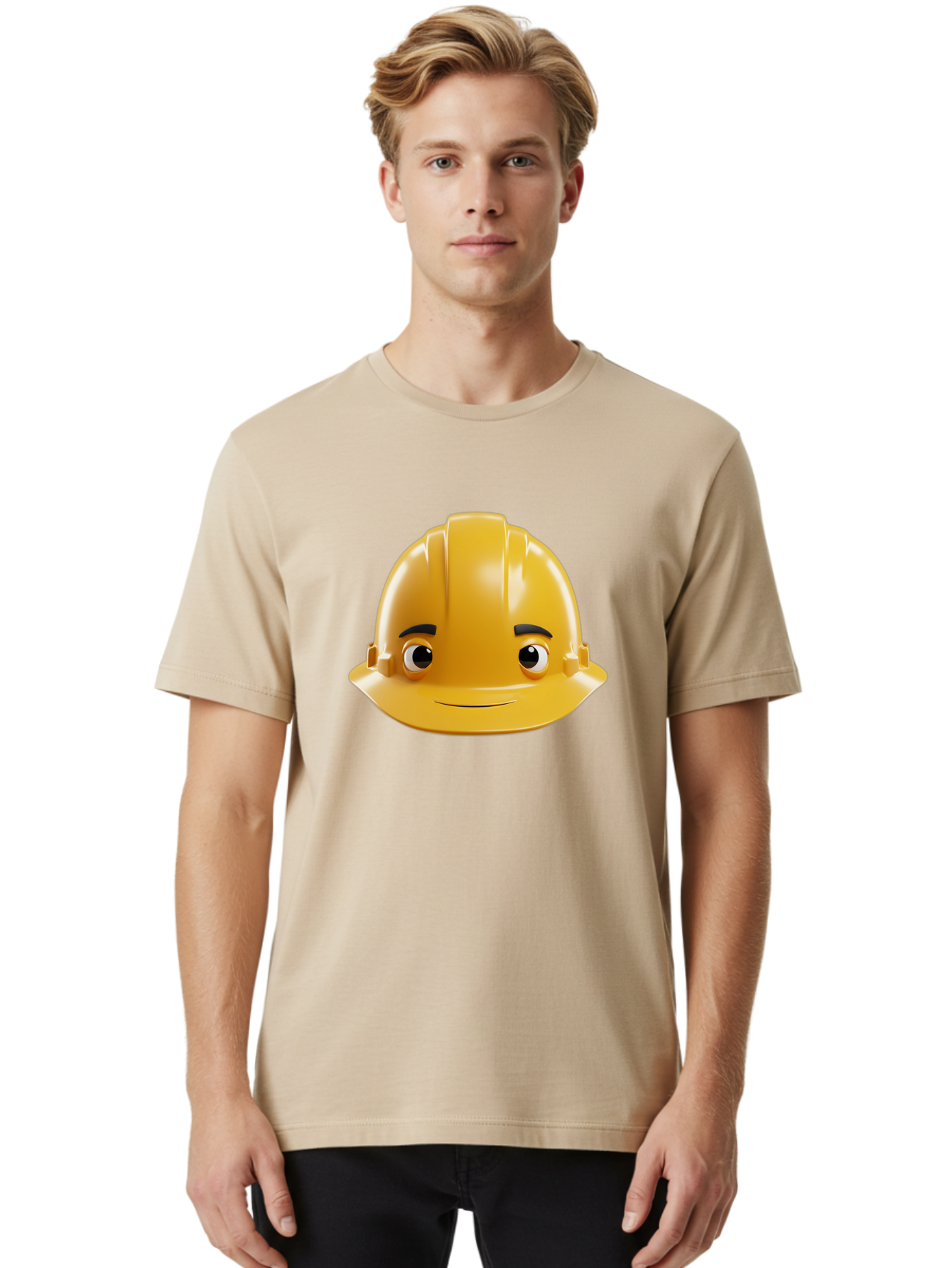 Yellow-Hard-Hat-Emoji Men'S Graphic Tee, 100% Cotton, Comfortable Casual Summer Wear, Machine Washable, Yellow Hard Hat, Cartoon Face, Construction Worker, Safety Helmet, Smiling Character, Yellow Emoji, Workplace Safety, Character Design Bad942