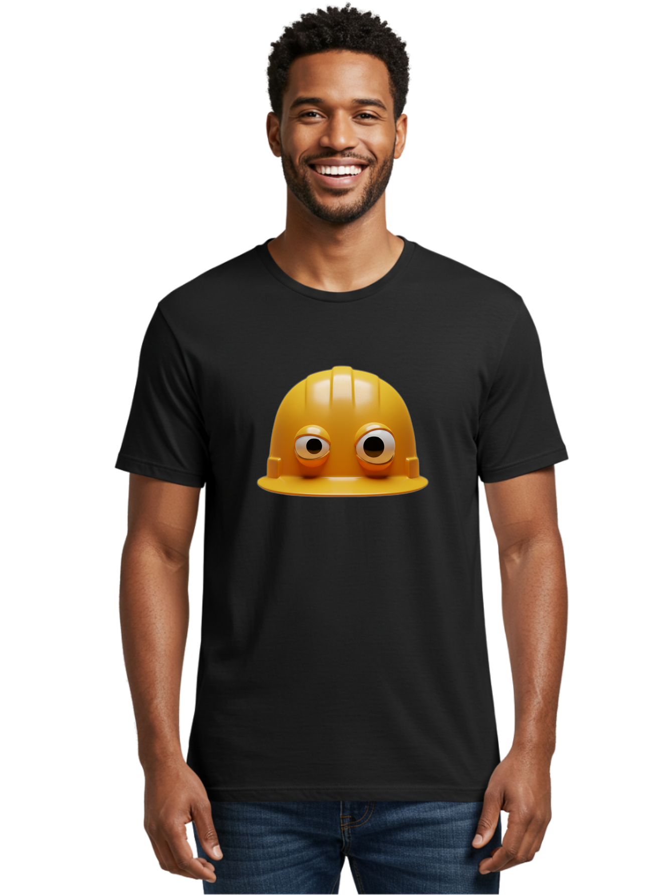 Yellow-Hardhat Men'S Graphic Tee, 100% Cotton, Comfortable Casual Summer Wear, Machine Washable, Safety Hardhat, Yellow Helmet, Funny Construction Hat, Cartoon Character, Comedic Element, Construction Worker Symbol, Quirky Illustration, Bad944