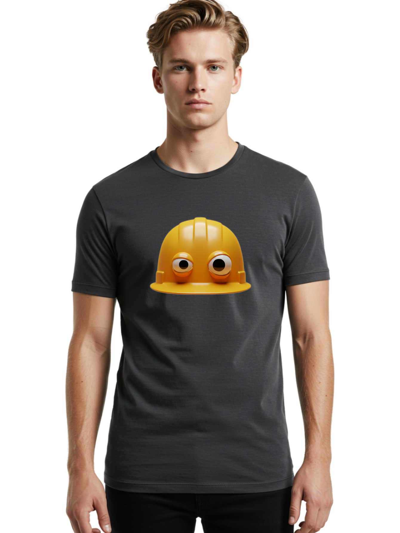 Yellow-Hardhat Men'S Graphic Tee, 100% Cotton, Comfortable Casual Summer Wear, Machine Washable, Safety Hardhat, Yellow Helmet, Funny Construction Hat, Cartoon Character, Comedic Element, Construction Worker Symbol, Quirky Illustration, Bad944