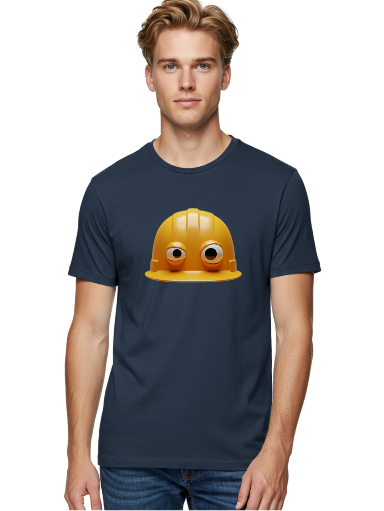 Yellow-Hardhat Men'S Graphic Tee, 100% Cotton, Comfortable Casual Summer Wear, Machine Washable, Safety Hardhat, Yellow Helmet, Funny Construction Hat, Cartoon Character, Comedic Element, Construction Worker Symbol, Quirky Illustration, Bad944