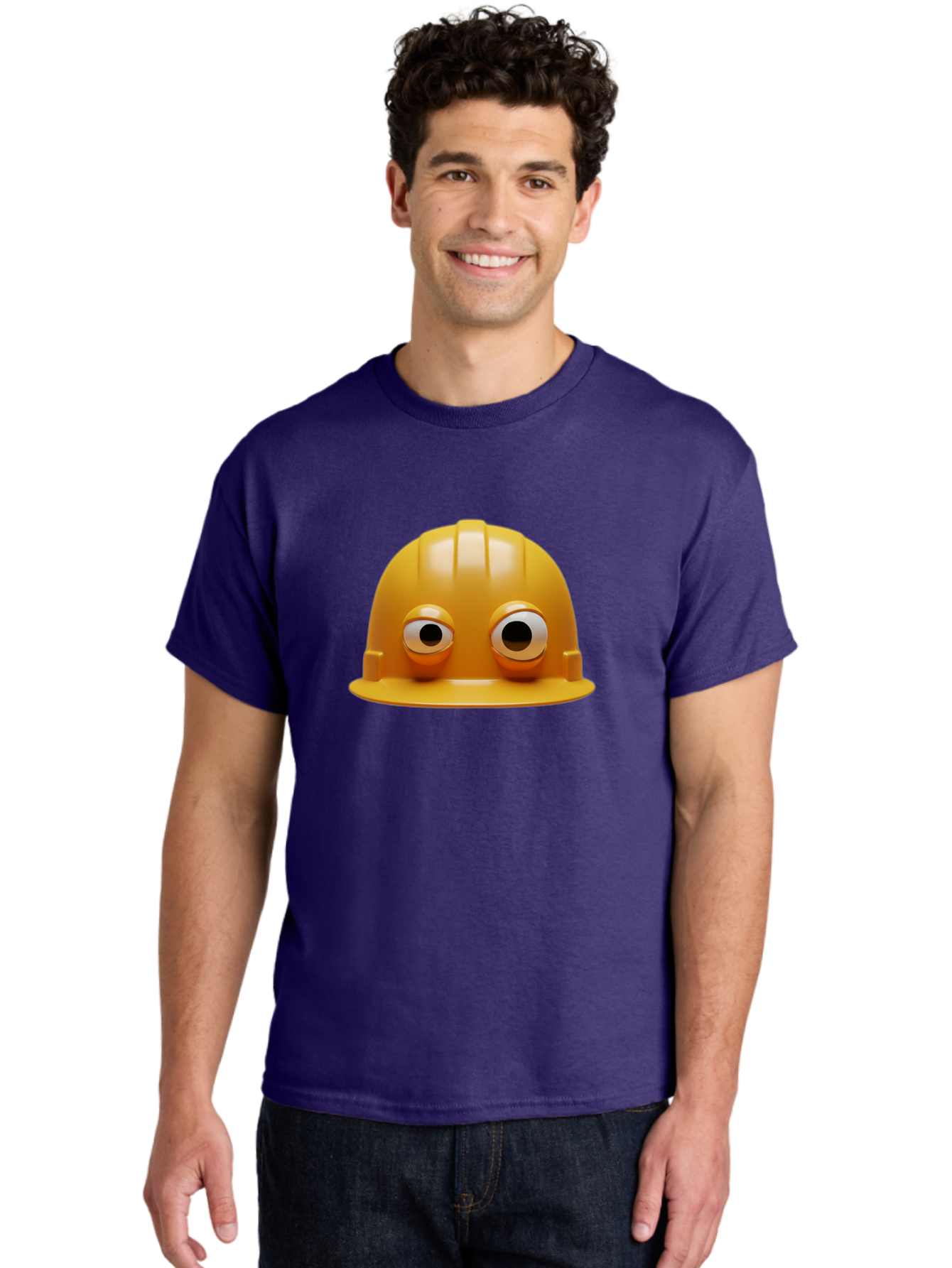 Yellow-Hardhat Men'S Graphic Tee, 100% Cotton, Comfortable Casual Summer Wear, Machine Washable, Safety Hardhat, Yellow Helmet, Funny Construction Hat, Cartoon Character, Comedic Element, Construction Worker Symbol, Quirky Illustration, Bad944