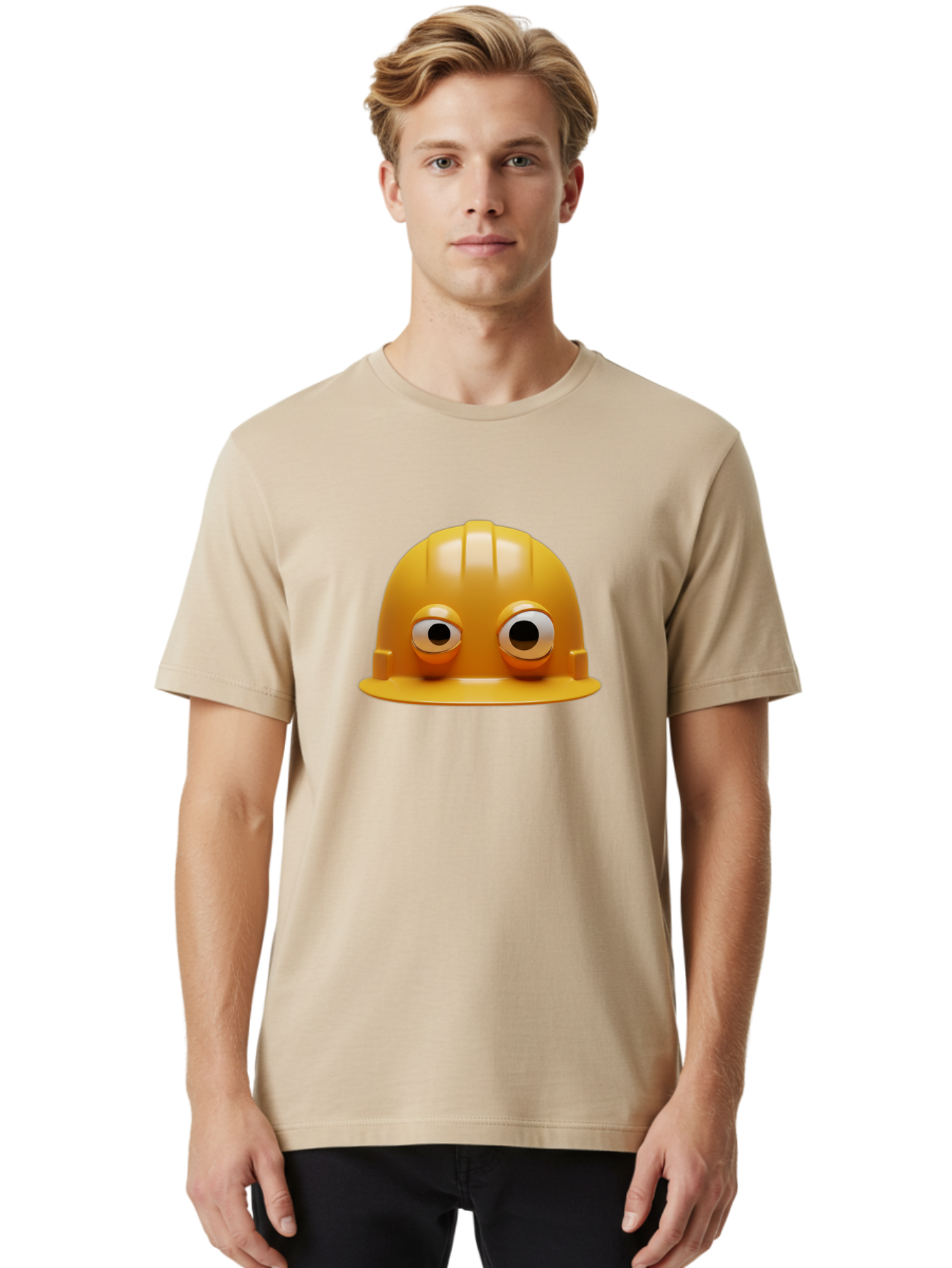 Yellow-Hardhat Men'S Graphic Tee, 100% Cotton, Comfortable Casual Summer Wear, Machine Washable, Safety Hardhat, Yellow Helmet, Funny Construction Hat, Cartoon Character, Comedic Element, Construction Worker Symbol, Quirky Illustration, Bad944