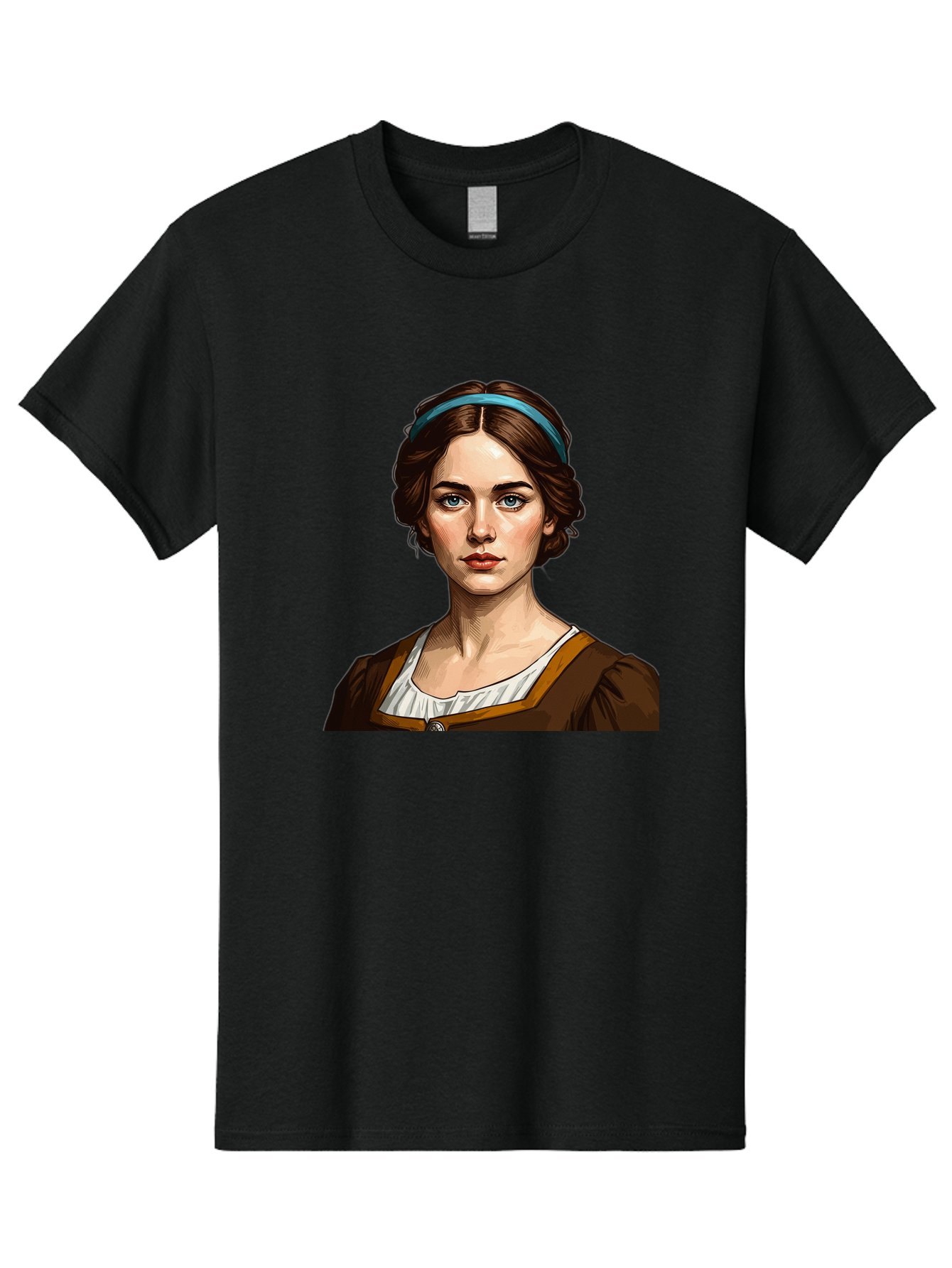 Young-Woman-Portrait-1 Men'S Graphic Tee, 100% Cotton, Comfortable Casual Summer Wear, Machine Washable, Young Woman Portrait, Blue Eyes, Brown Hair, Blue Headband, Brown Dress, White Collar, Renaissance-Inspired Art, Digital Illustration, Bad945