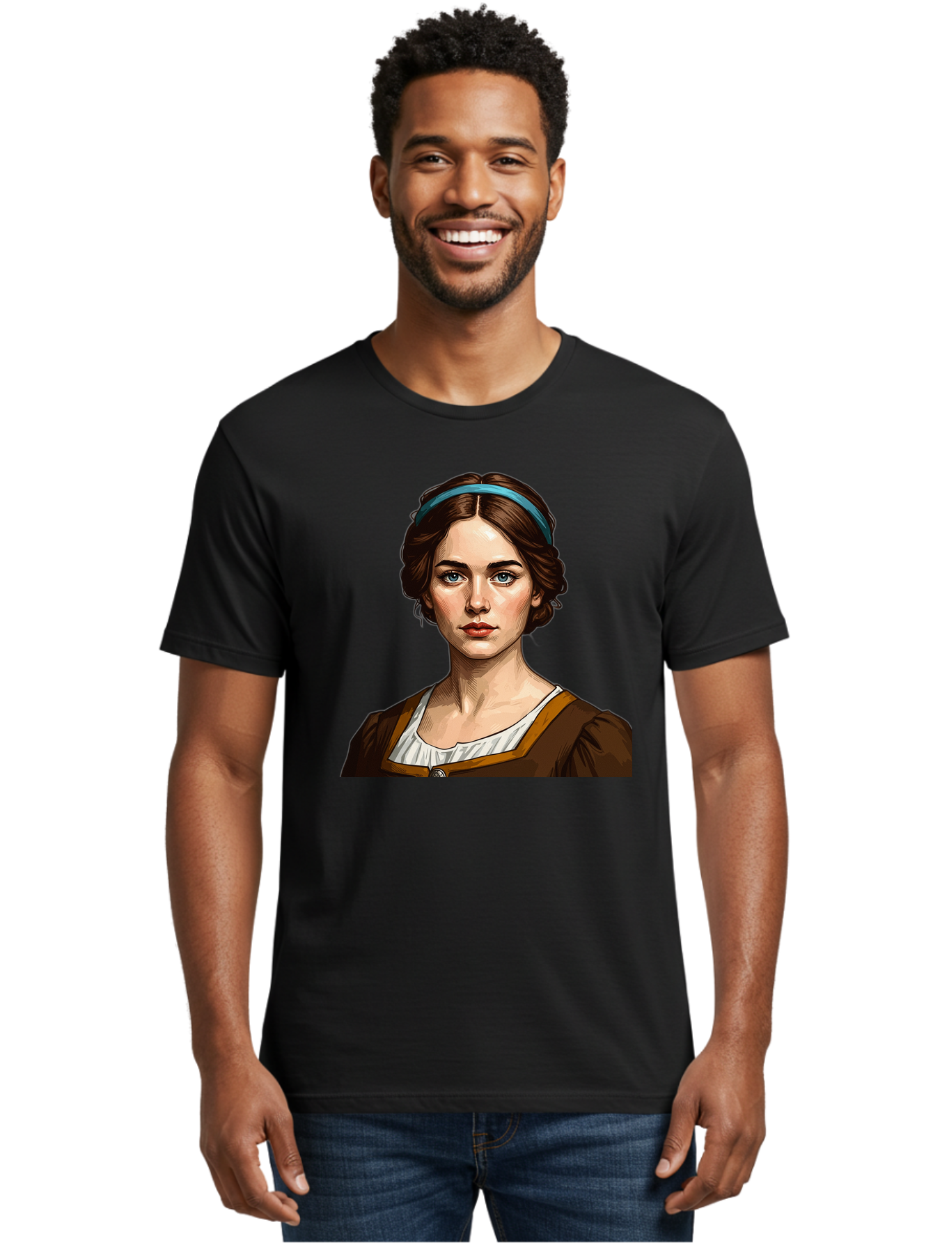 Young-Woman-Portrait-1 Men'S Graphic Tee, 100% Cotton, Comfortable Casual Summer Wear, Machine Washable, Young Woman Portrait, Blue Eyes, Brown Hair, Blue Headband, Brown Dress, White Collar, Renaissance-Inspired Art, Digital Illustration, Bad945