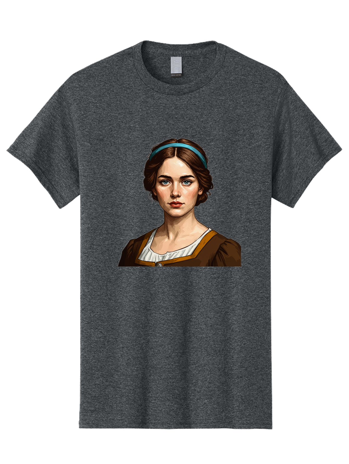 Young-Woman-Portrait-1 Men'S Graphic Tee, 100% Cotton, Comfortable Casual Summer Wear, Machine Washable, Young Woman Portrait, Blue Eyes, Brown Hair, Blue Headband, Brown Dress, White Collar, Renaissance-Inspired Art, Digital Illustration, Bad945