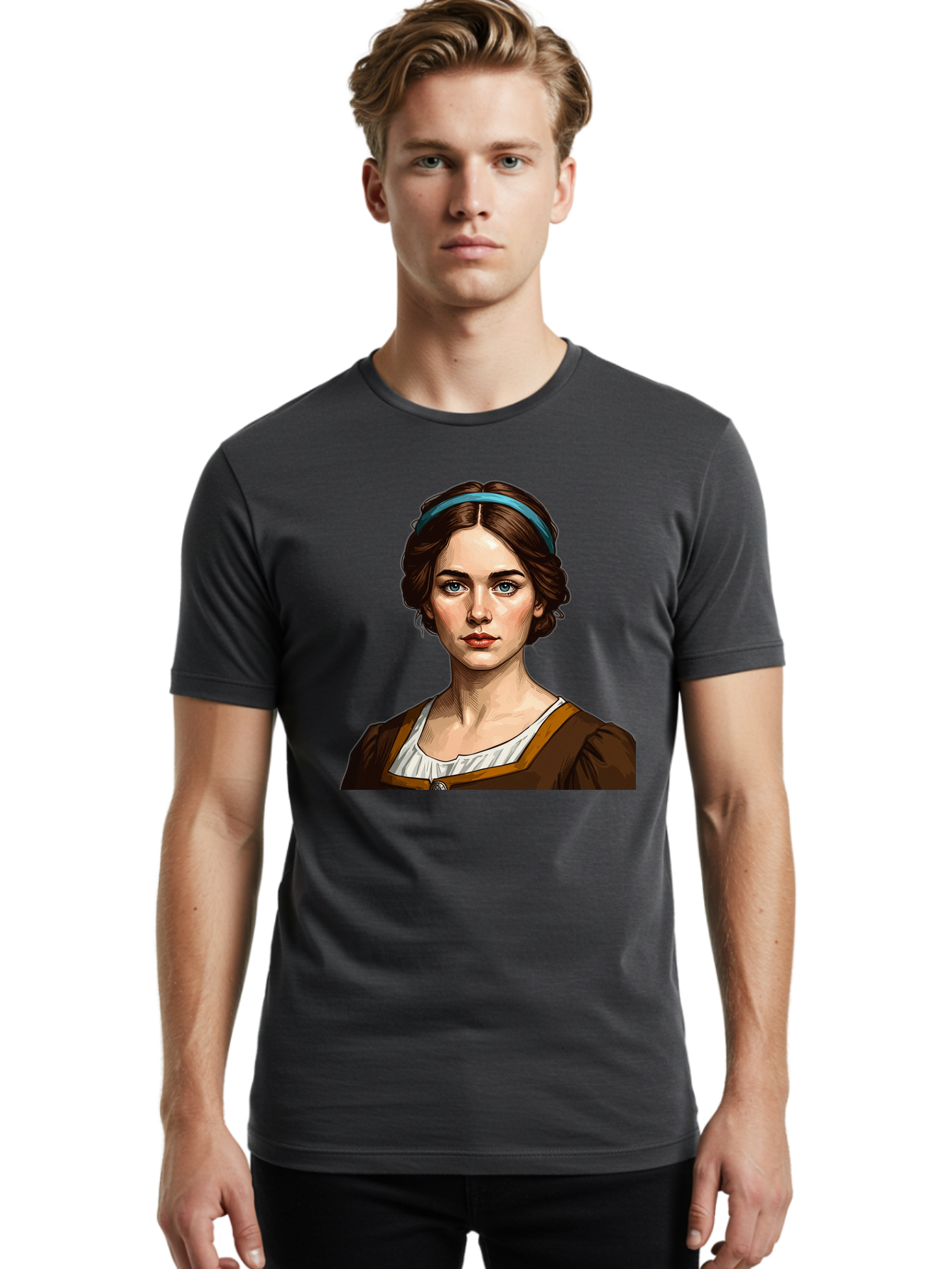 Young-Woman-Portrait-1 Men'S Graphic Tee, 100% Cotton, Comfortable Casual Summer Wear, Machine Washable, Young Woman Portrait, Blue Eyes, Brown Hair, Blue Headband, Brown Dress, White Collar, Renaissance-Inspired Art, Digital Illustration, Bad945