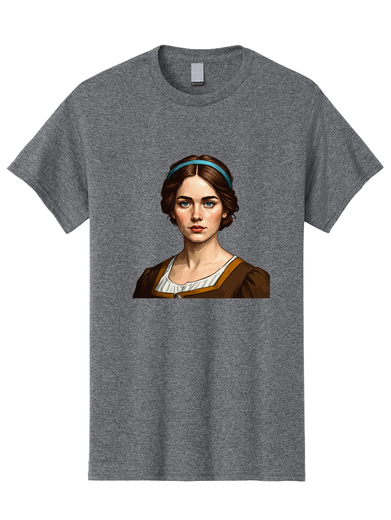 Young-Woman-Portrait-1 Men'S Graphic Tee, 100% Cotton, Comfortable Casual Summer Wear, Machine Washable, Young Woman Portrait, Blue Eyes, Brown Hair, Blue Headband, Brown Dress, White Collar, Renaissance-Inspired Art, Digital Illustration, Bad945