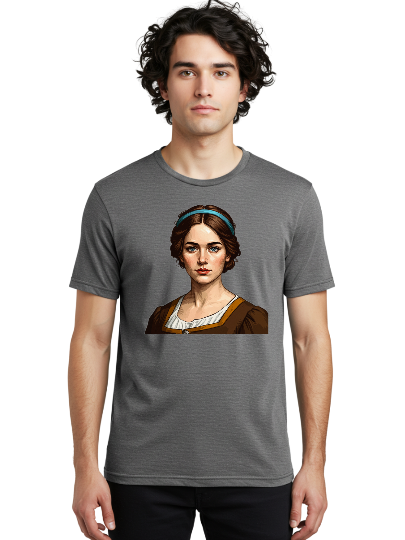 Young-Woman-Portrait-1 Men'S Graphic Tee, 100% Cotton, Comfortable Casual Summer Wear, Machine Washable, Young Woman Portrait, Blue Eyes, Brown Hair, Blue Headband, Brown Dress, White Collar, Renaissance-Inspired Art, Digital Illustration, Bad945