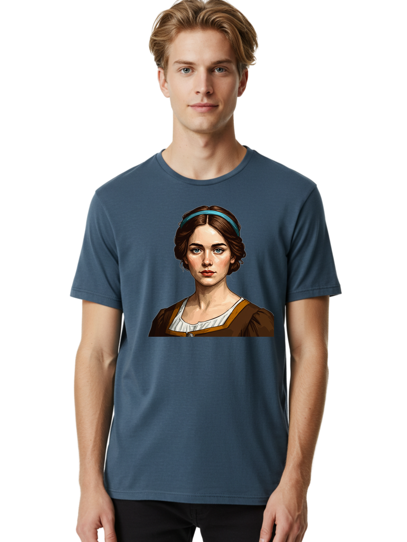 Young-Woman-Portrait-1 Men'S Graphic Tee, 100% Cotton, Comfortable Casual Summer Wear, Machine Washable, Young Woman Portrait, Blue Eyes, Brown Hair, Blue Headband, Brown Dress, White Collar, Renaissance-Inspired Art, Digital Illustration, Bad945
