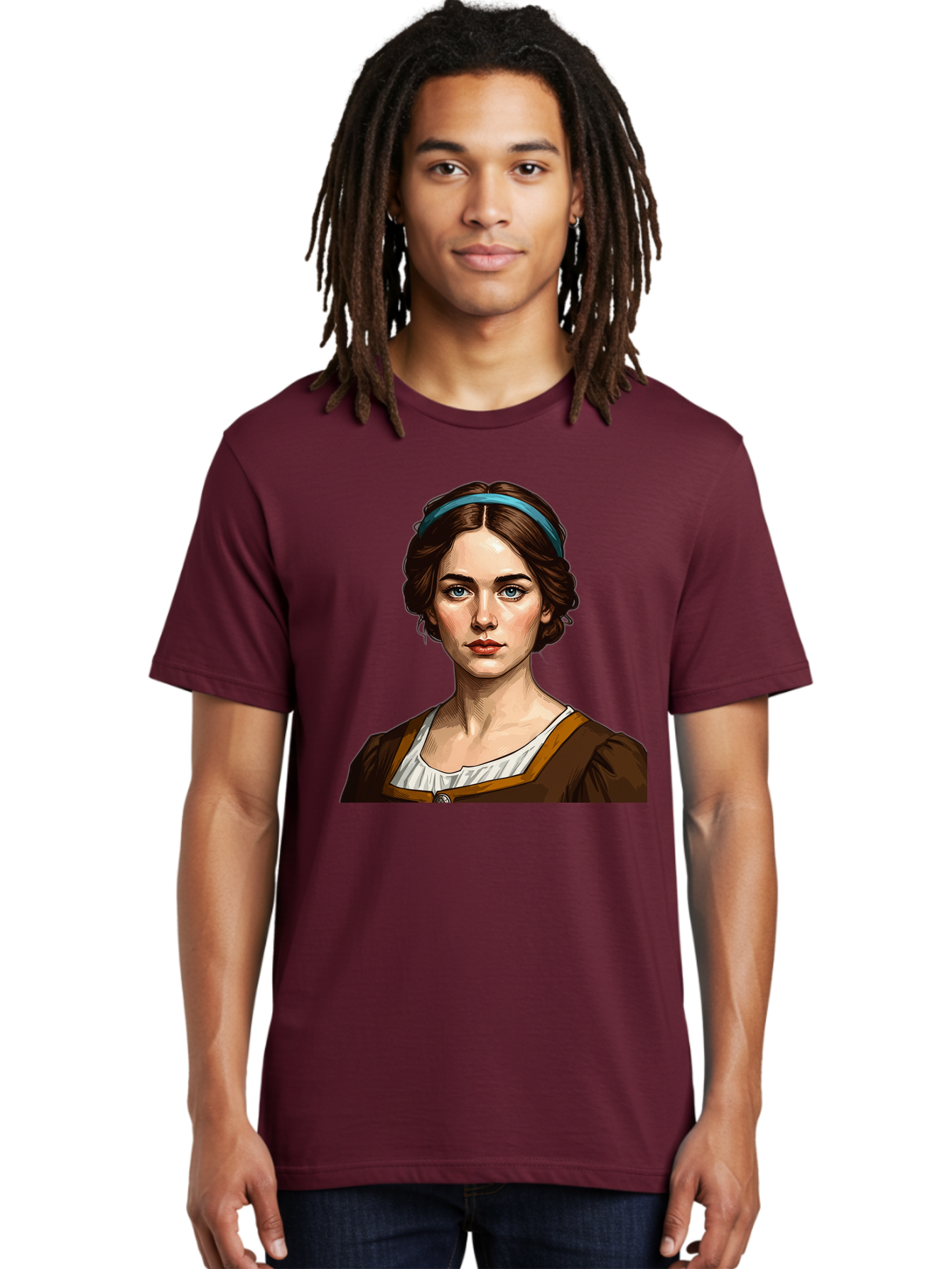 Young-Woman-Portrait-1 Men'S Graphic Tee, 100% Cotton, Comfortable Casual Summer Wear, Machine Washable, Young Woman Portrait, Blue Eyes, Brown Hair, Blue Headband, Brown Dress, White Collar, Renaissance-Inspired Art, Digital Illustration, Bad945