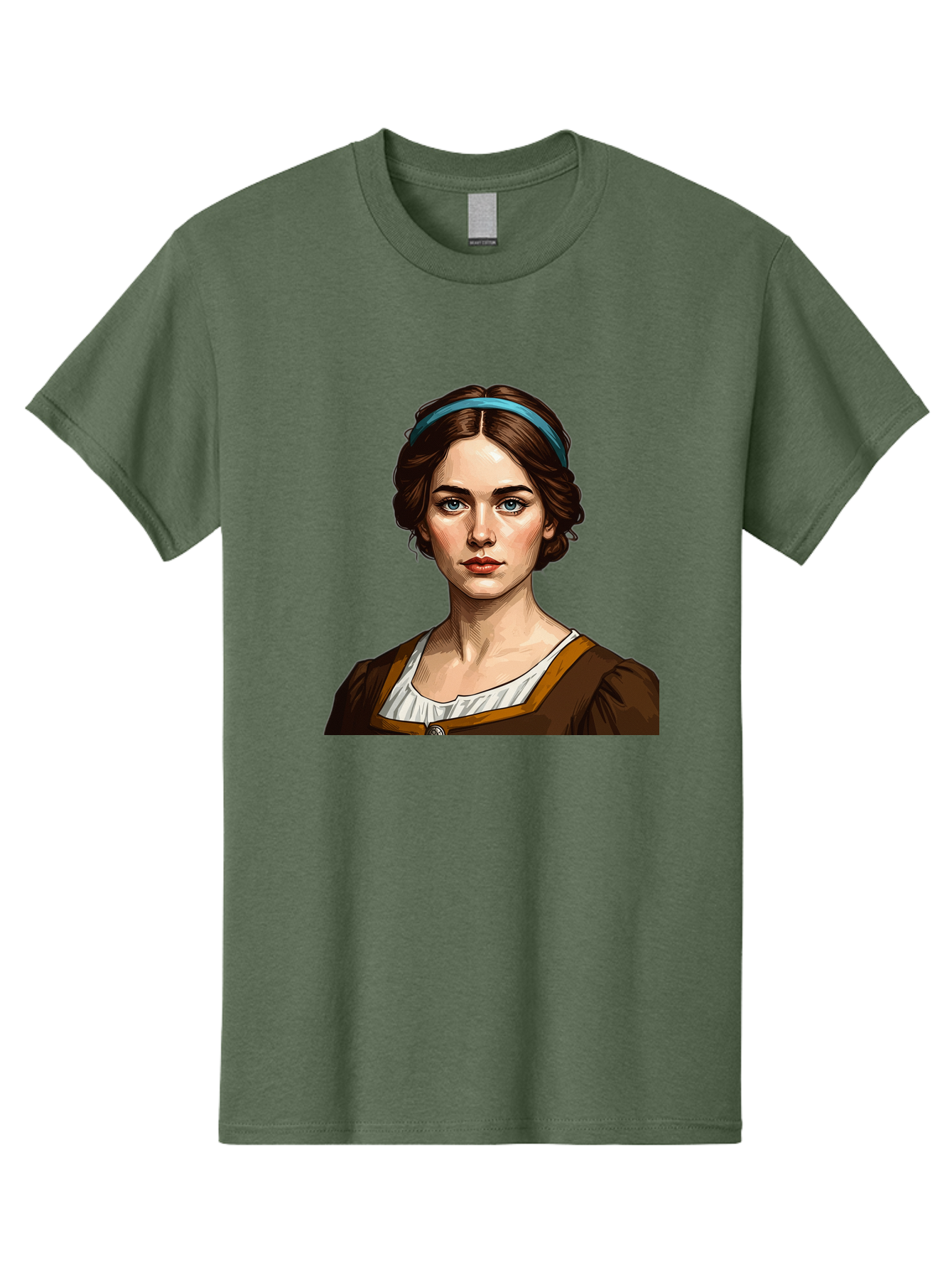 Young-Woman-Portrait-1 Men'S Graphic Tee, 100% Cotton, Comfortable Casual Summer Wear, Machine Washable, Young Woman Portrait, Blue Eyes, Brown Hair, Blue Headband, Brown Dress, White Collar, Renaissance-Inspired Art, Digital Illustration, Bad945