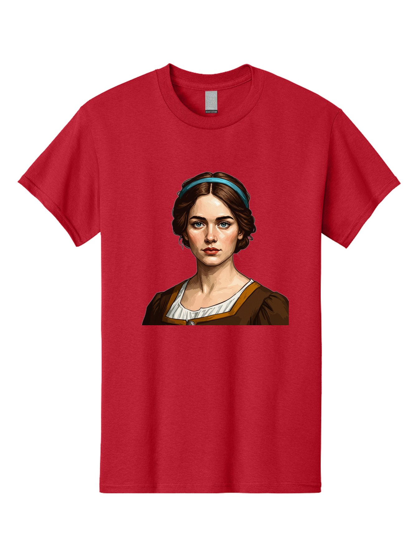 Young-Woman-Portrait-1 Men'S Graphic Tee, 100% Cotton, Comfortable Casual Summer Wear, Machine Washable, Young Woman Portrait, Blue Eyes, Brown Hair, Blue Headband, Brown Dress, White Collar, Renaissance-Inspired Art, Digital Illustration, Bad945